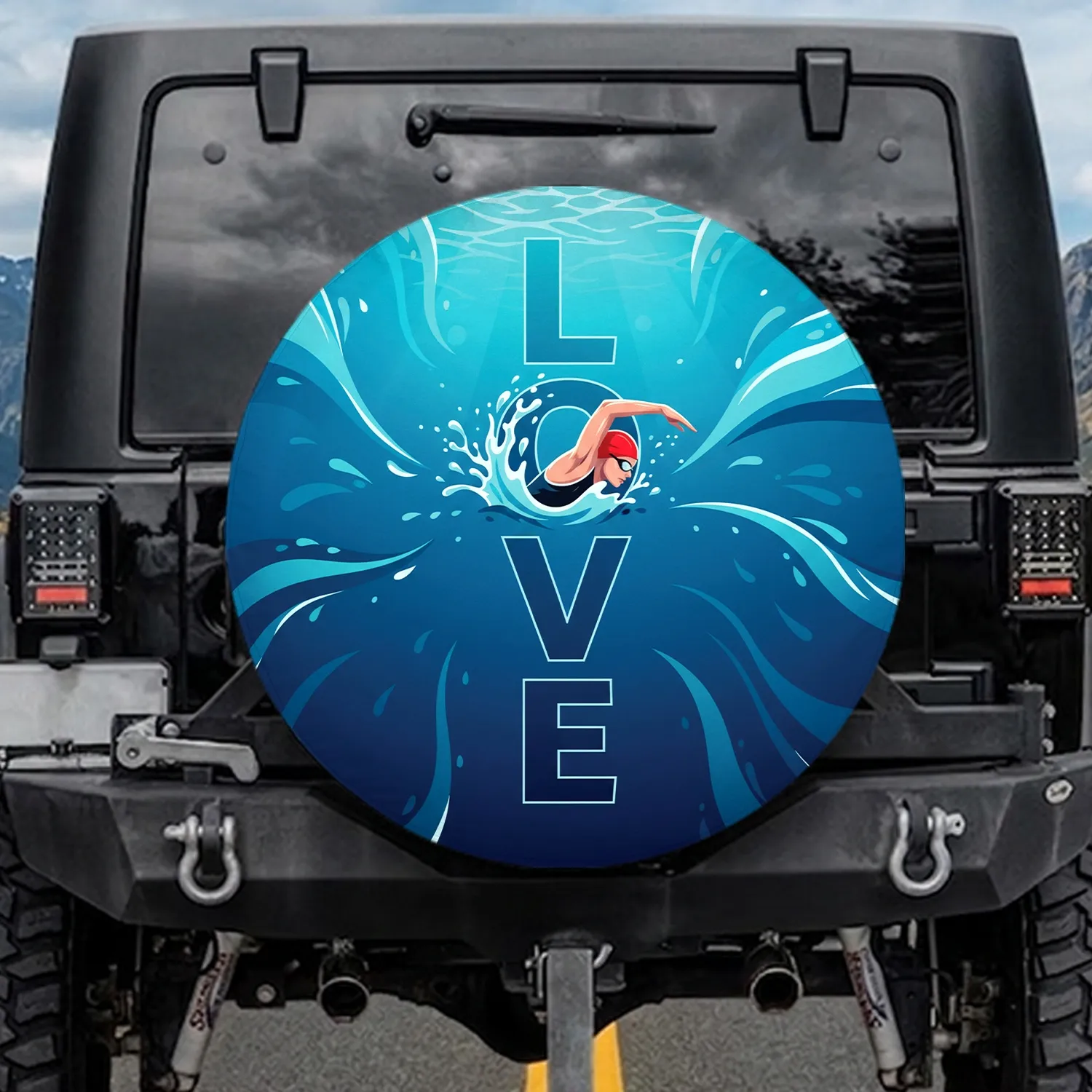 LOVE Swimmer Action Water Waves - Water Sports Lover Gift for Swimmers Spare Tire Cover - 1
