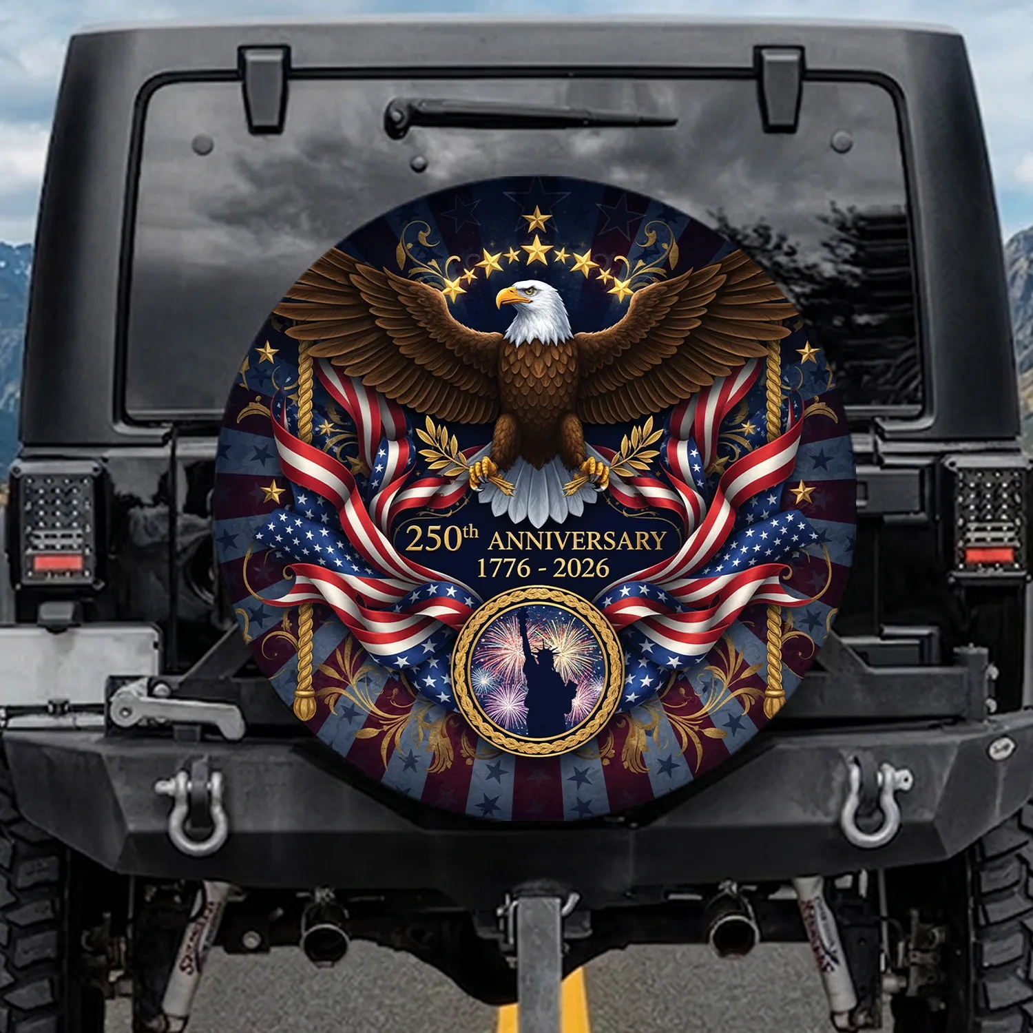 Bald Eagle Statue of Liberty American Flag - USA 250th Anniversary 1776-2026 for Veterans Spare Tire Cover - 1