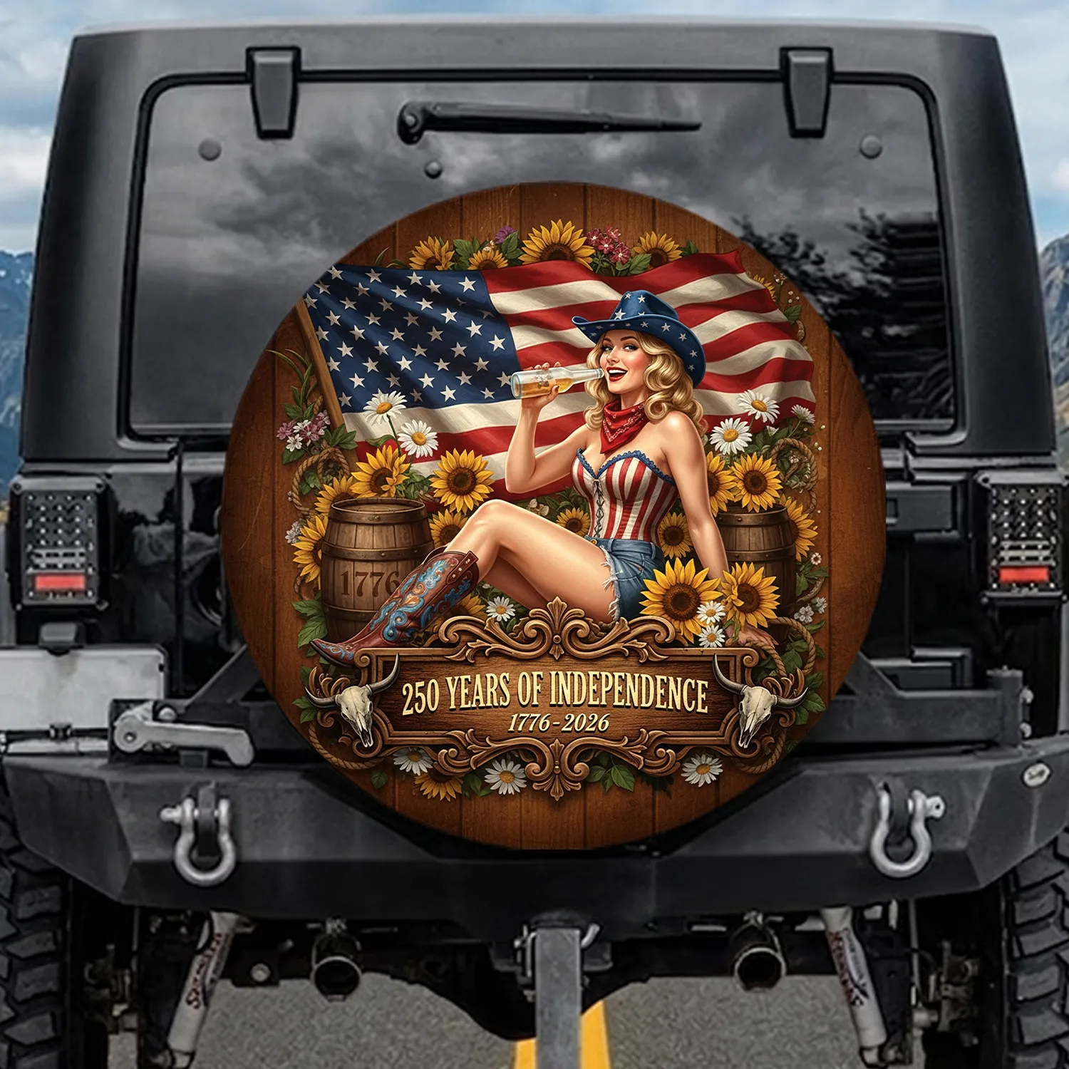 Pin-Up Woman American Flag 1776-2026 USA 250th Anniversary Spare Tire Cover - 1