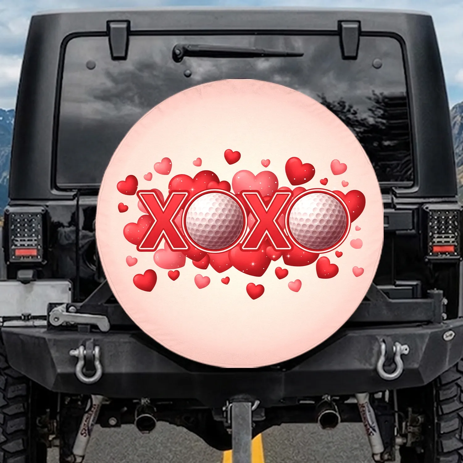 XOXO Dimpled Golf Ball Kisses Hugs Floating Hearts - Romantic Love Gift for Valentine's Day Spare Tire Cover - 1