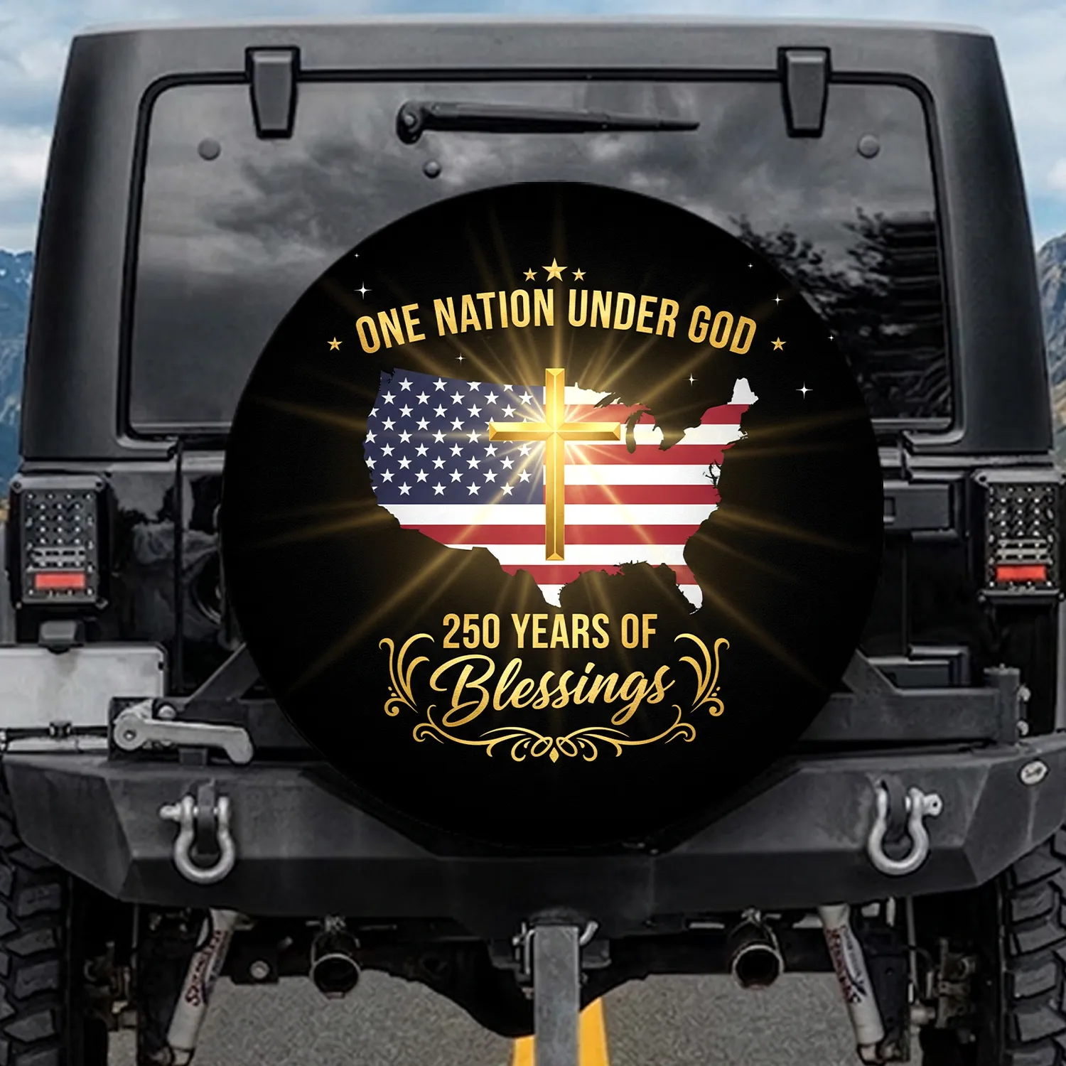 Golden Cross One Nation Under God USA Map - USA 250th Anniversary Spare Tire Cover - 1