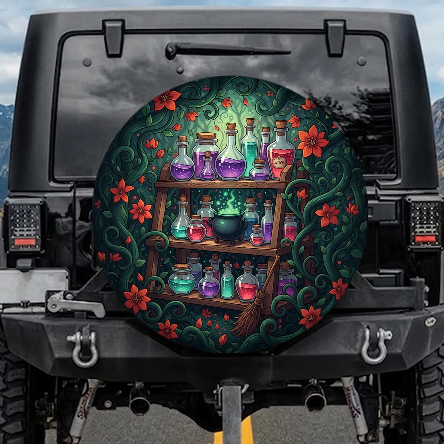 Witch Potion Shelf Cauldron Magical Forest - Fantasy Lover Home Decor Gift Spare Tire Cover - 1