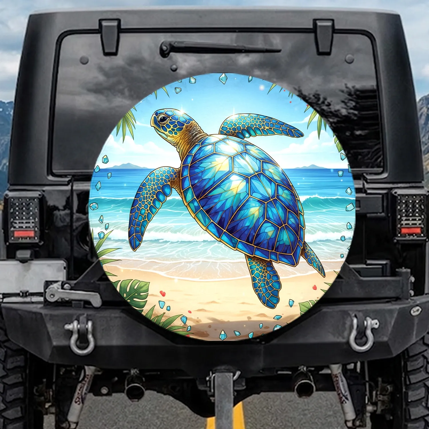 Stained Glass Sea Turtle Tropical Hibiscus Ocean Beach - Tropical Decor Gift Spare Tire Cover - 1