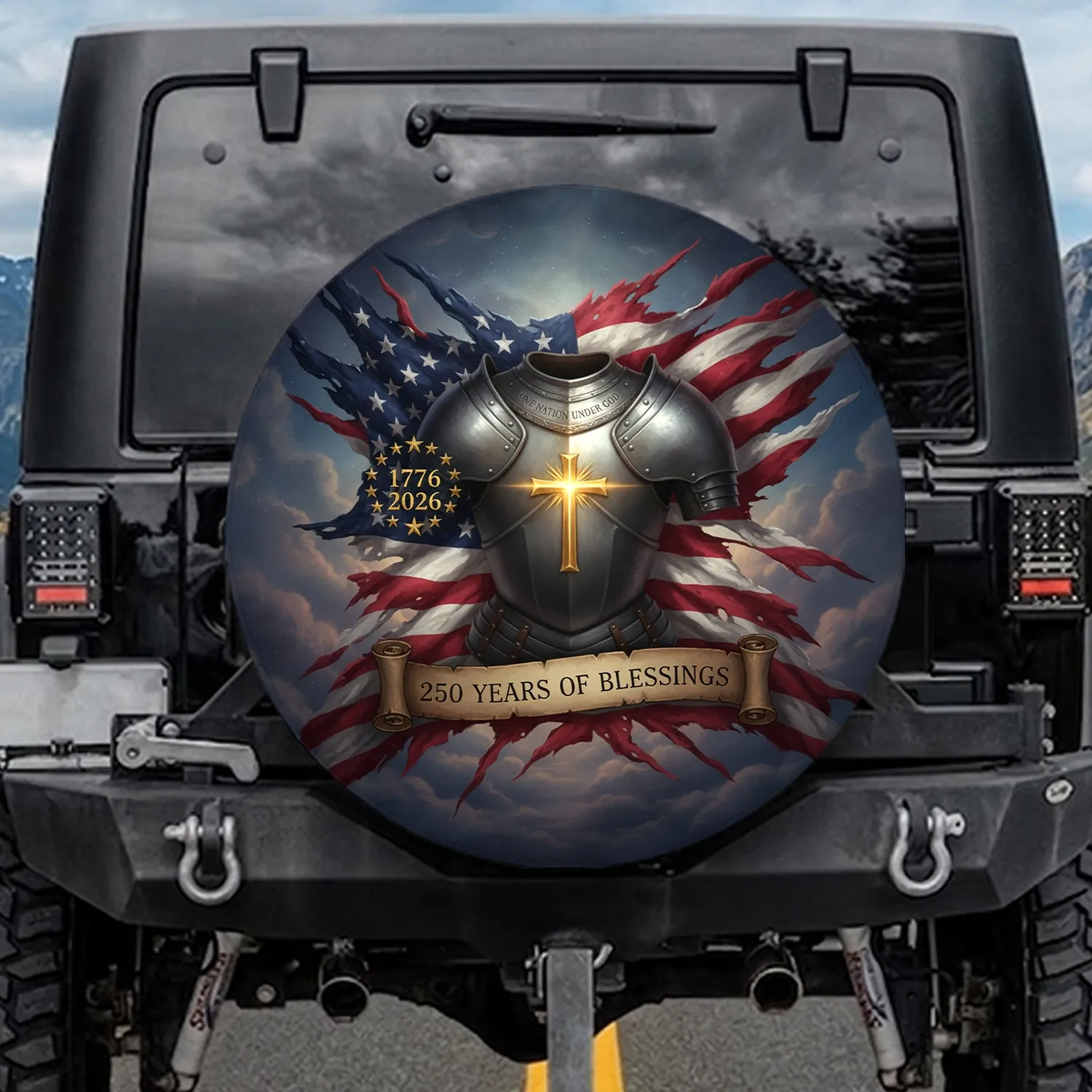 Torn American Flag Knight Armor 'One Nation Under God' - USA 250th Anniversary Independence Day Spare Tire Cover - 1