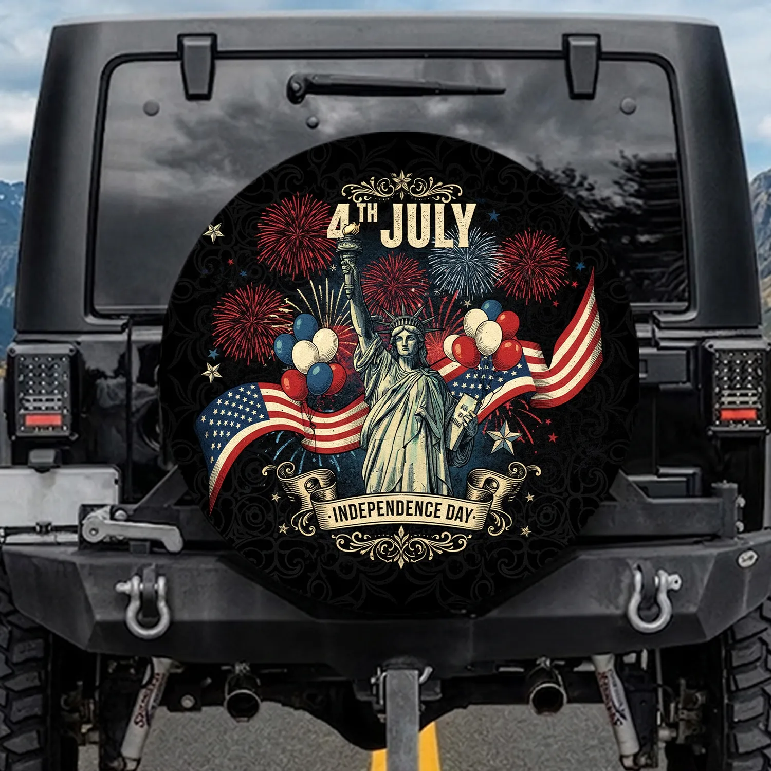 Statue of Liberty American Flag Fireworks - Independence Day Gift Spare Tire Cover - 1