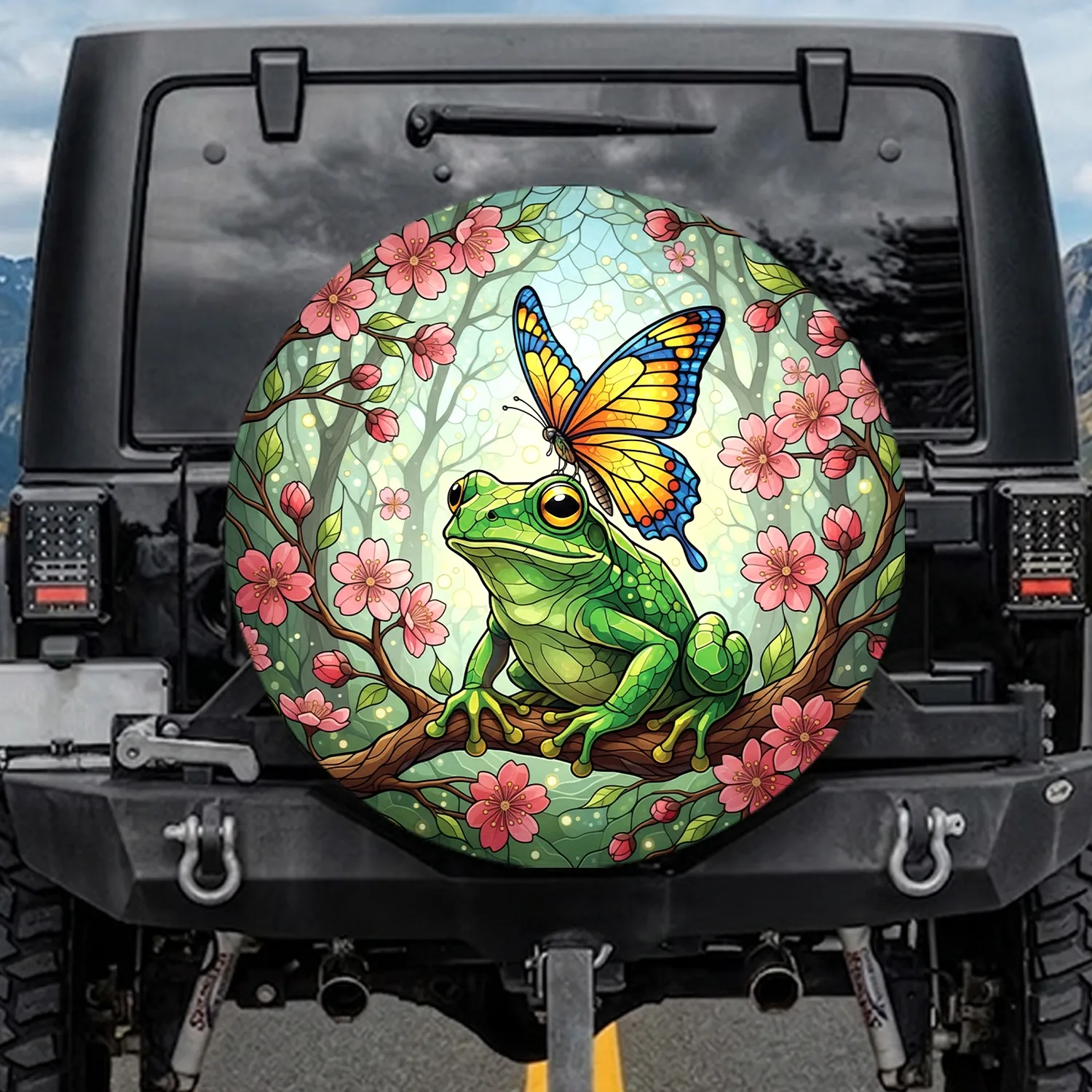 Frog Butterfly Cherry Blossom Stained Glass - Wildlife Lover Gift Spare Tire Cover - 1