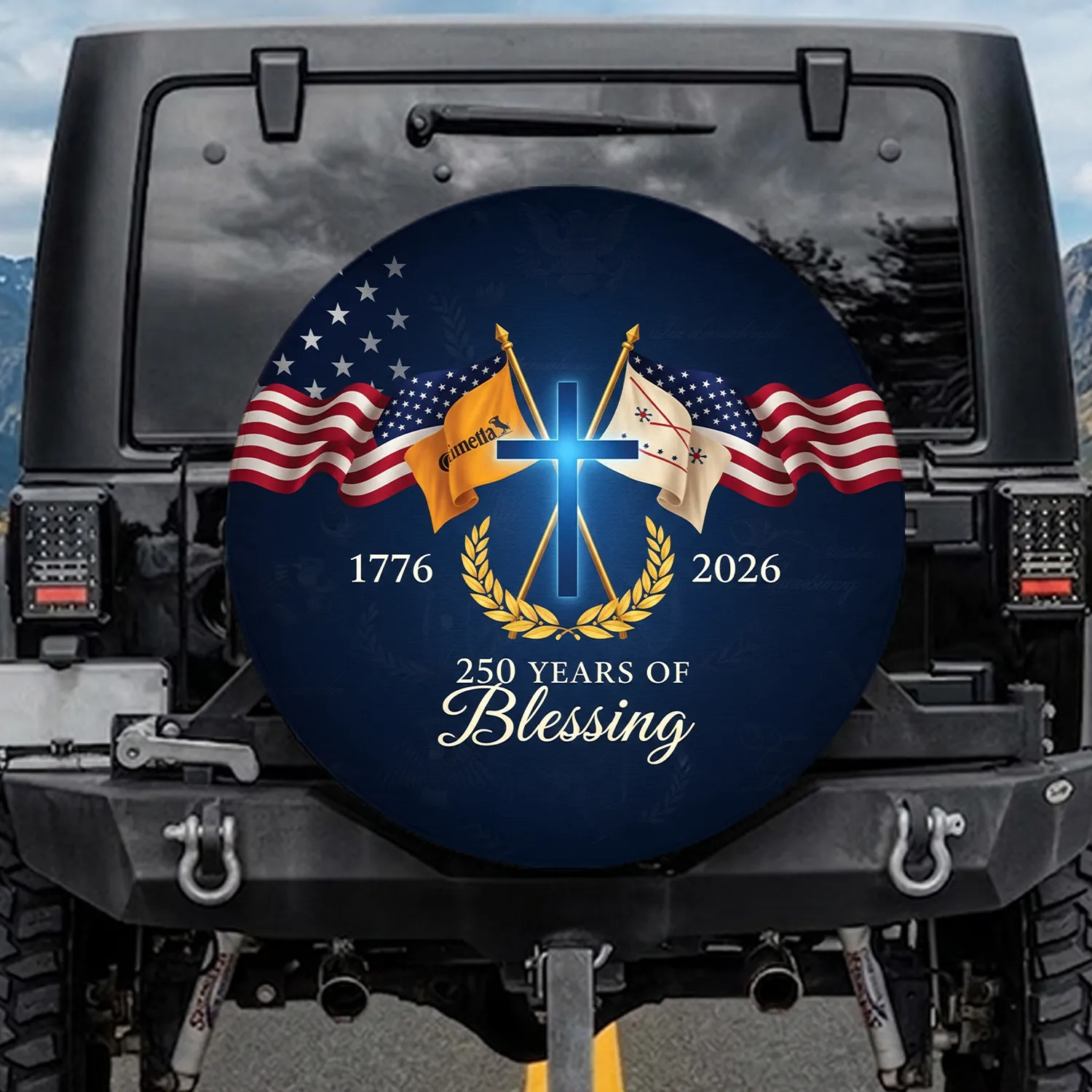 Christian Cross American Flags 1776-2026 - USA 250th Anniversary for Patriotic Americans Spare Tire Cover - 1