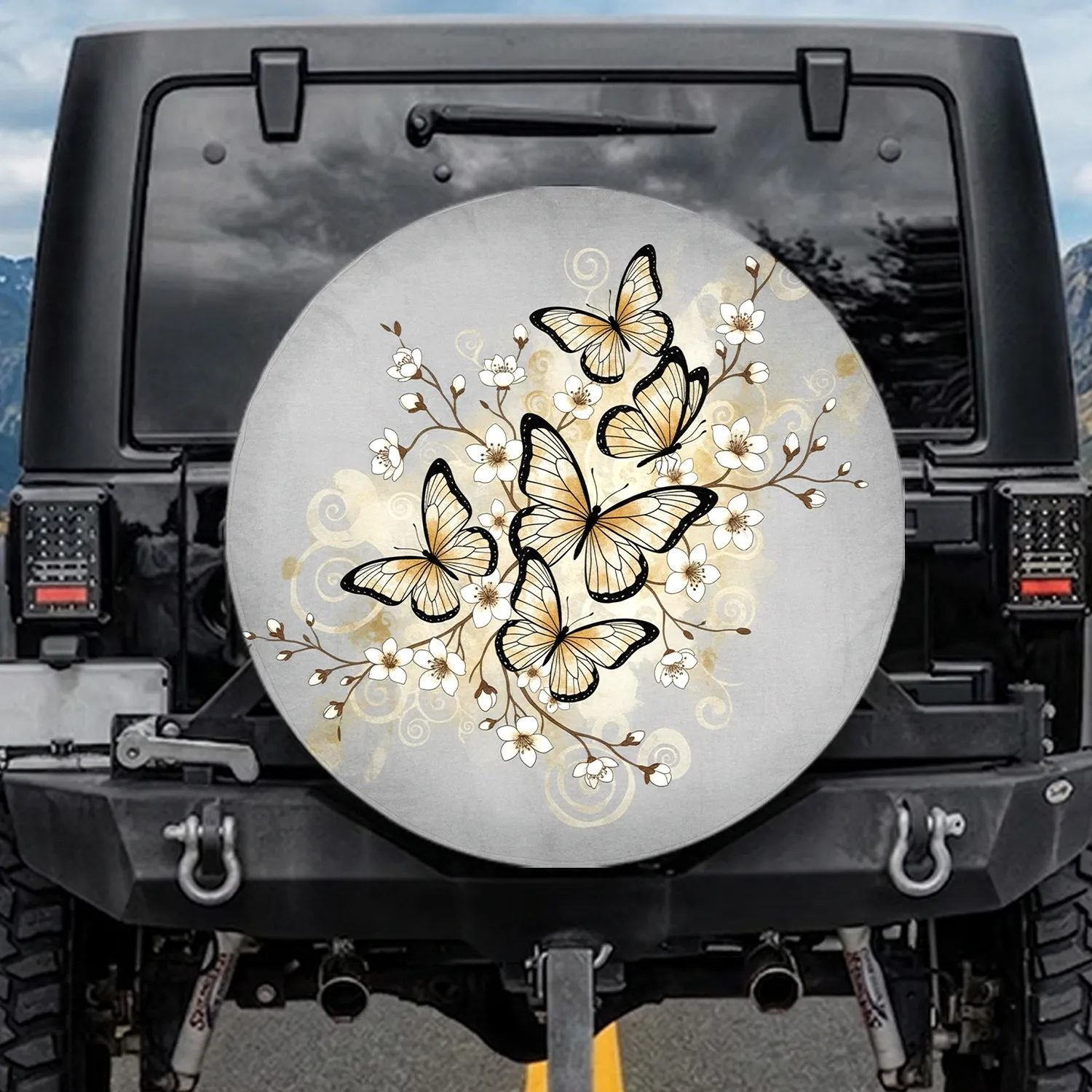 Translucent Wing Butterflies Beige Gold Floral Blossoms Muted Grey Nature Lover Gift Spare Tire Cover - 1