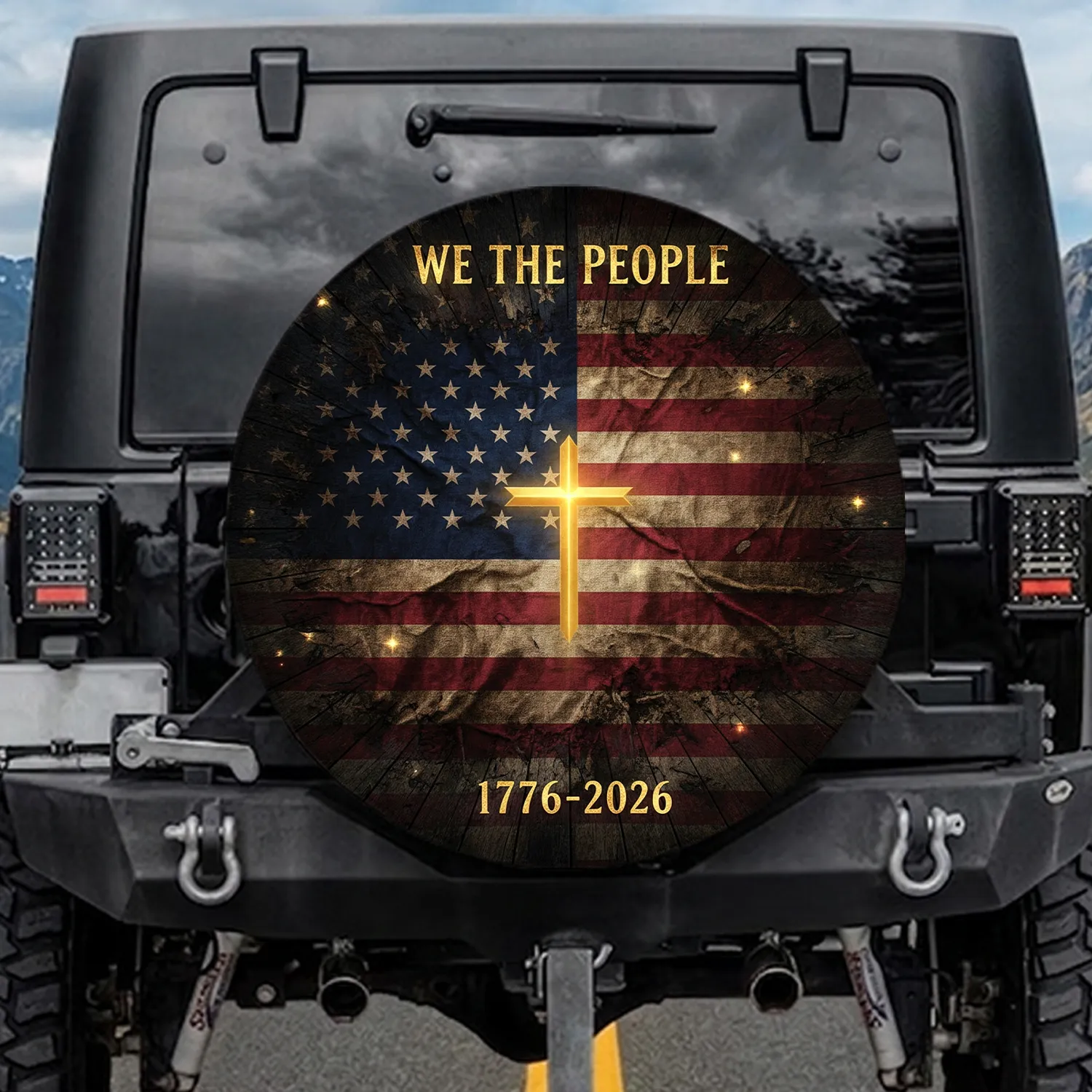 Golden Cross American Flag 1776-2026 - USA 250th Anniversary Independence Day for Veterans Spare Tire Cover - 1