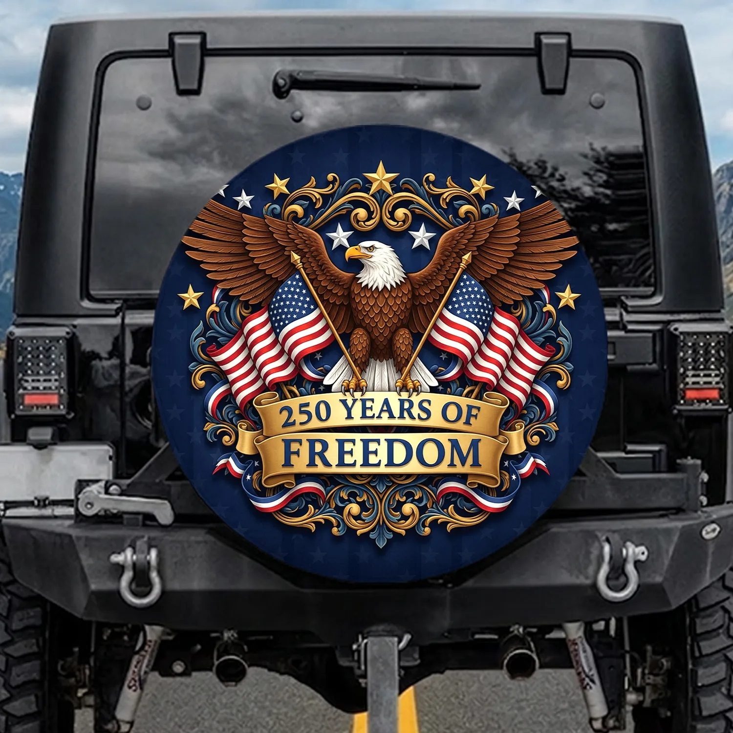 Bald Eagle American Flags Freedom Banner Patriotic Scrollwork - USA 250th Anniversary Spare Tire Cover - 1