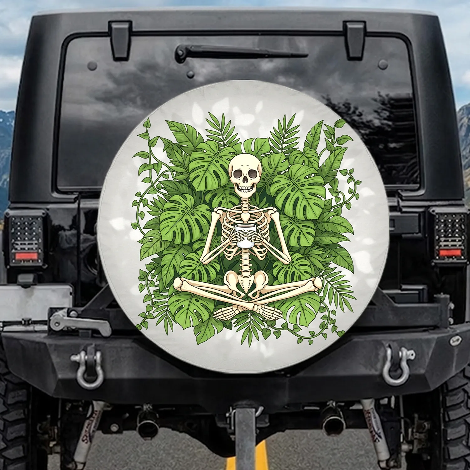 Stylized Skeleton Coffee Mug Monstera Leaves - Home Decor Gift for Plant Lover Spare Tire Cover - 1