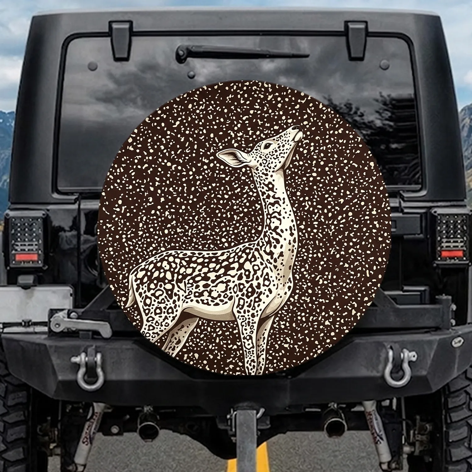 Slender Off-White Cream Spotted Deer, Espresso Brown Background Outdoor Life Gift Spare Tire Cover - 1