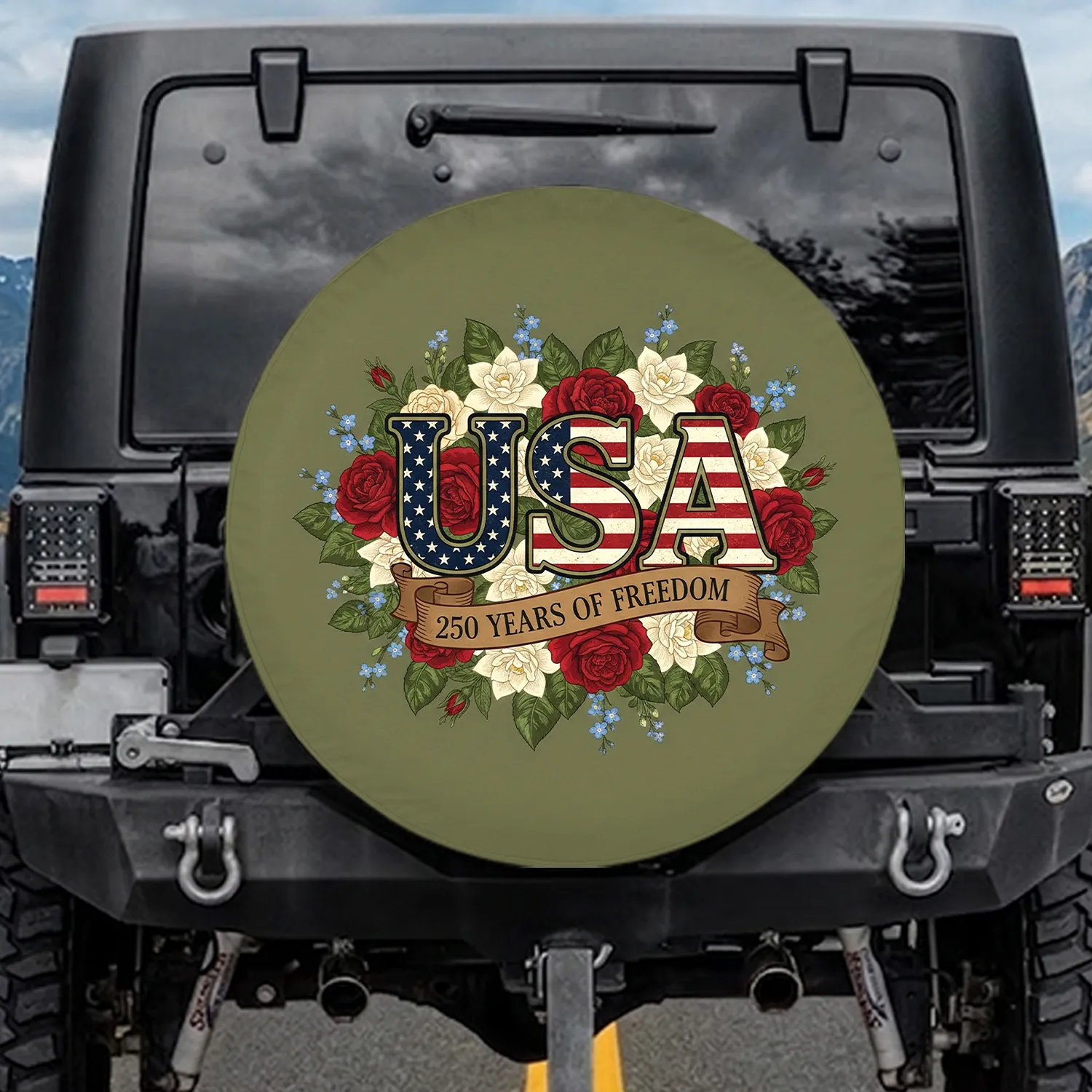 USA Flag 250 Years Freedom Rose Floral - Independence Day Gift for Veterans Spare Tire Cover - 1