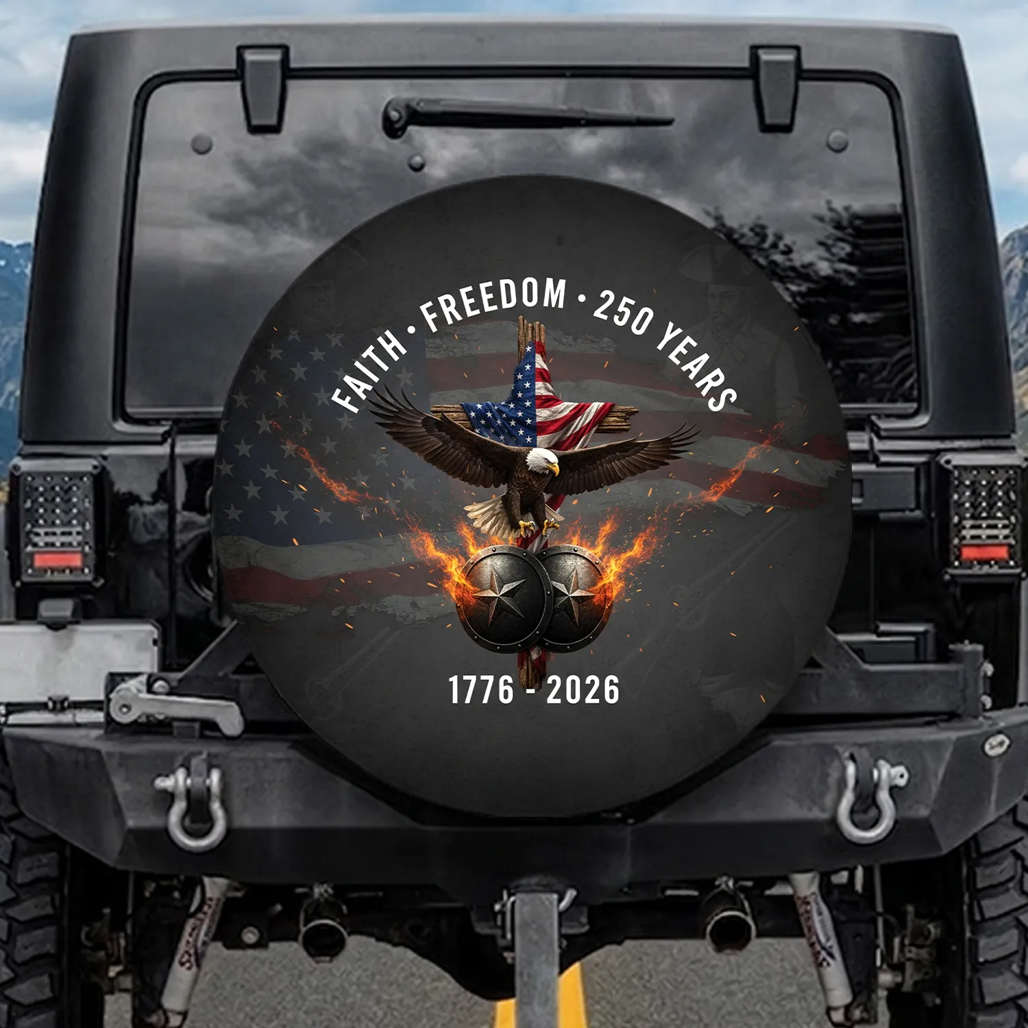 Bald Eagle American Flag Cross 1776-2026 - USA 250th Anniversary Gift for Veterans Spare Tire Cover - 1