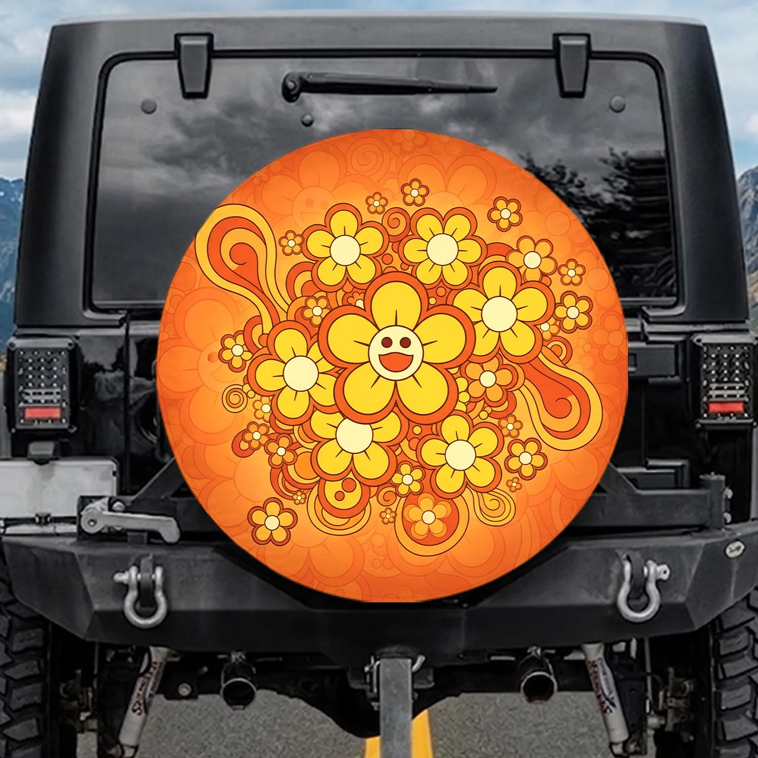 Groovy Psychedelic Five Petal Flowers Organic Swirls - Boho Lifestyle Gift Spare Tire Cover - 1