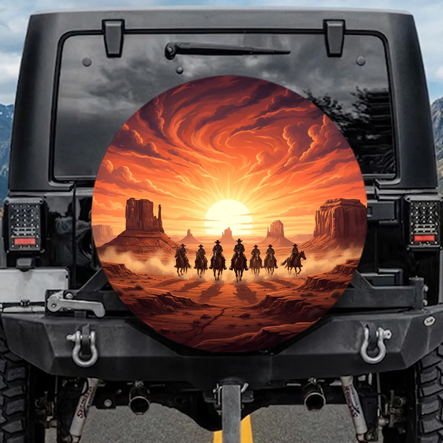 Five Cowboy Riders Majestic Buttes Fiery Sunset Luminous Clouds - Western Lifestyle Gift Spare Tire Cover - 1