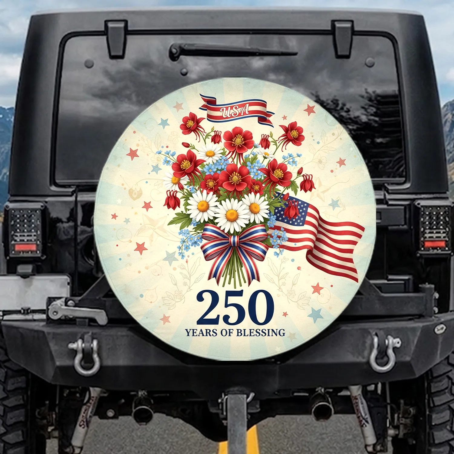 USA 250 Years of Blessing American Columbine Flag Independence Day Spare Tire Cover - 1
