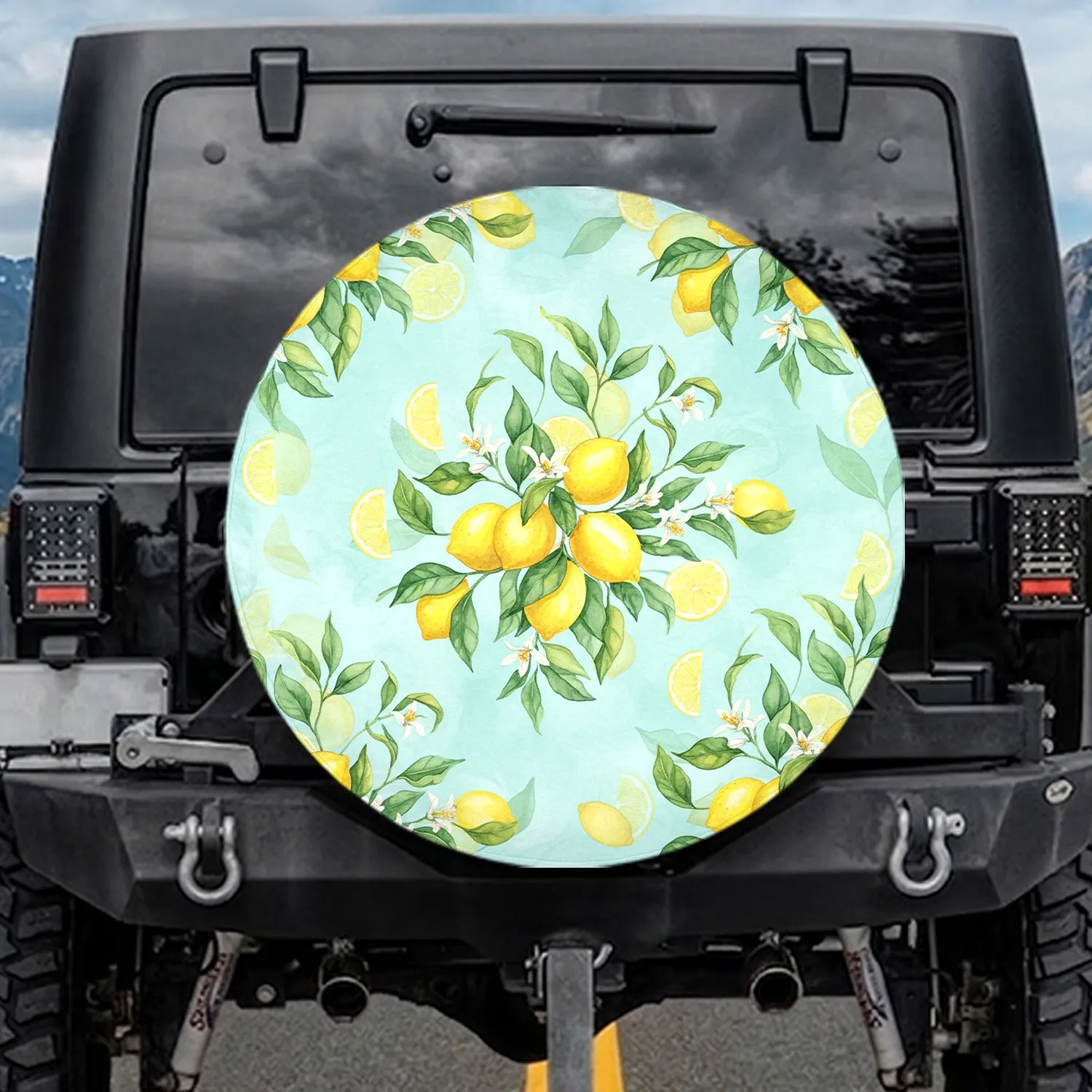 Vibrant Yellow Lemons Lush Green Leaves White Blossoms Winding Branches - Nature Lover Gift Spare Tire Cover - 1
