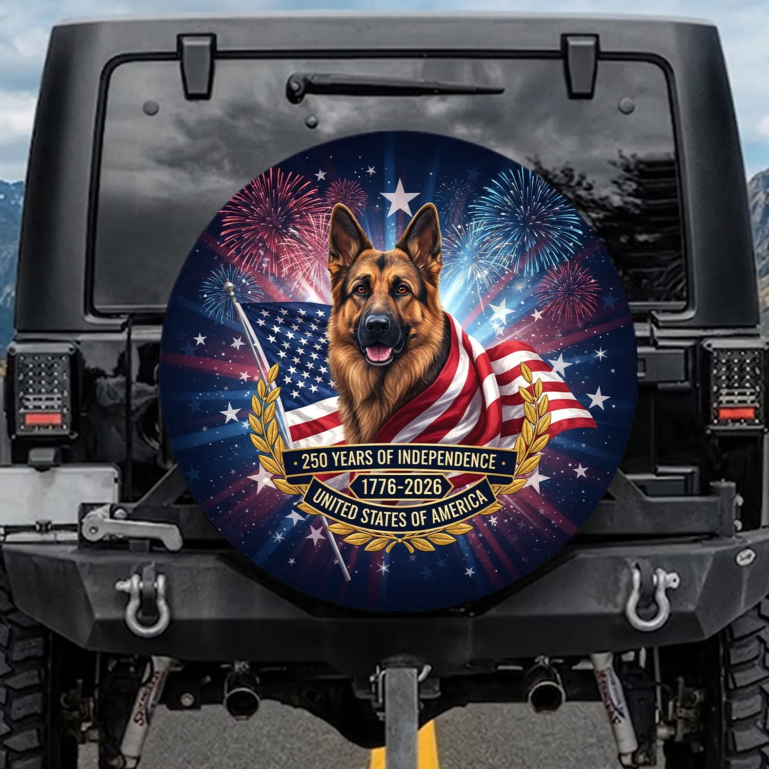 German Shepherd American Flag USA 250th Anniversary - Independence Day Gift for Veterans Spare Tire Cover - 1