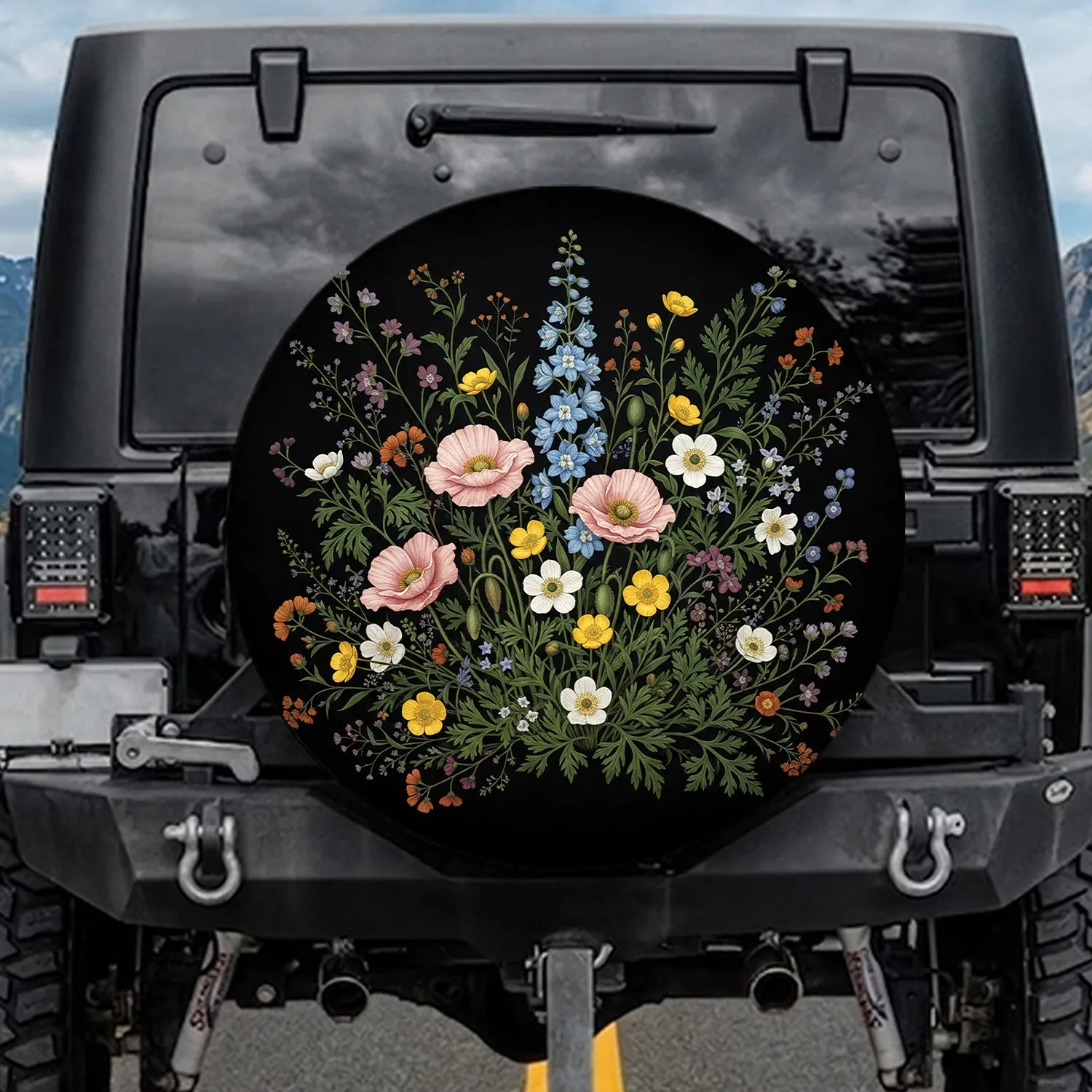Midnight Black Wildflower Meadow Pink Poppies Blue Delphiniums - Nature Lover Gift Spare Tire Cover - 1