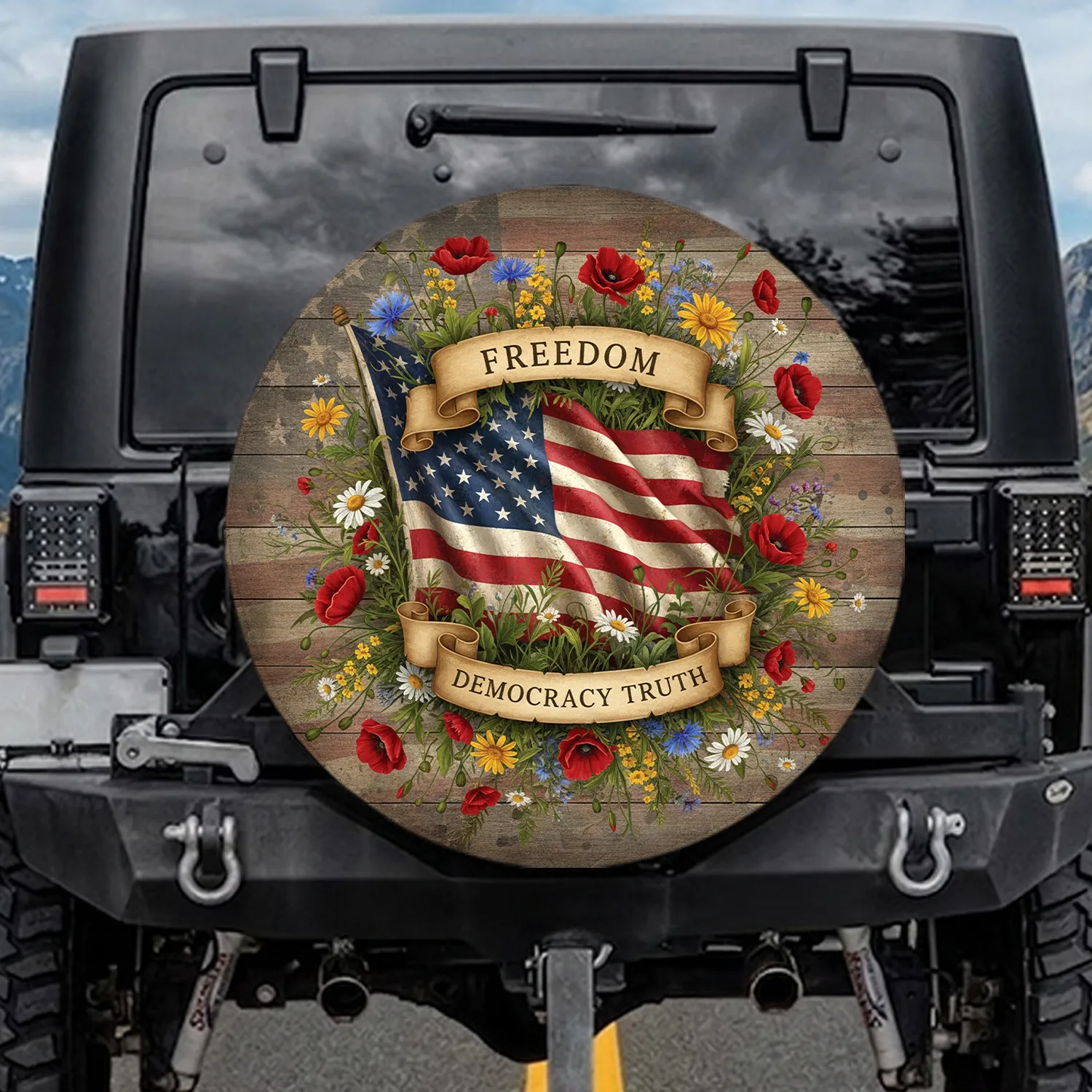 Weathered American Flag Wildflowers Freedom Democracy Truth - Independence Day Spare Tire Cover - 1