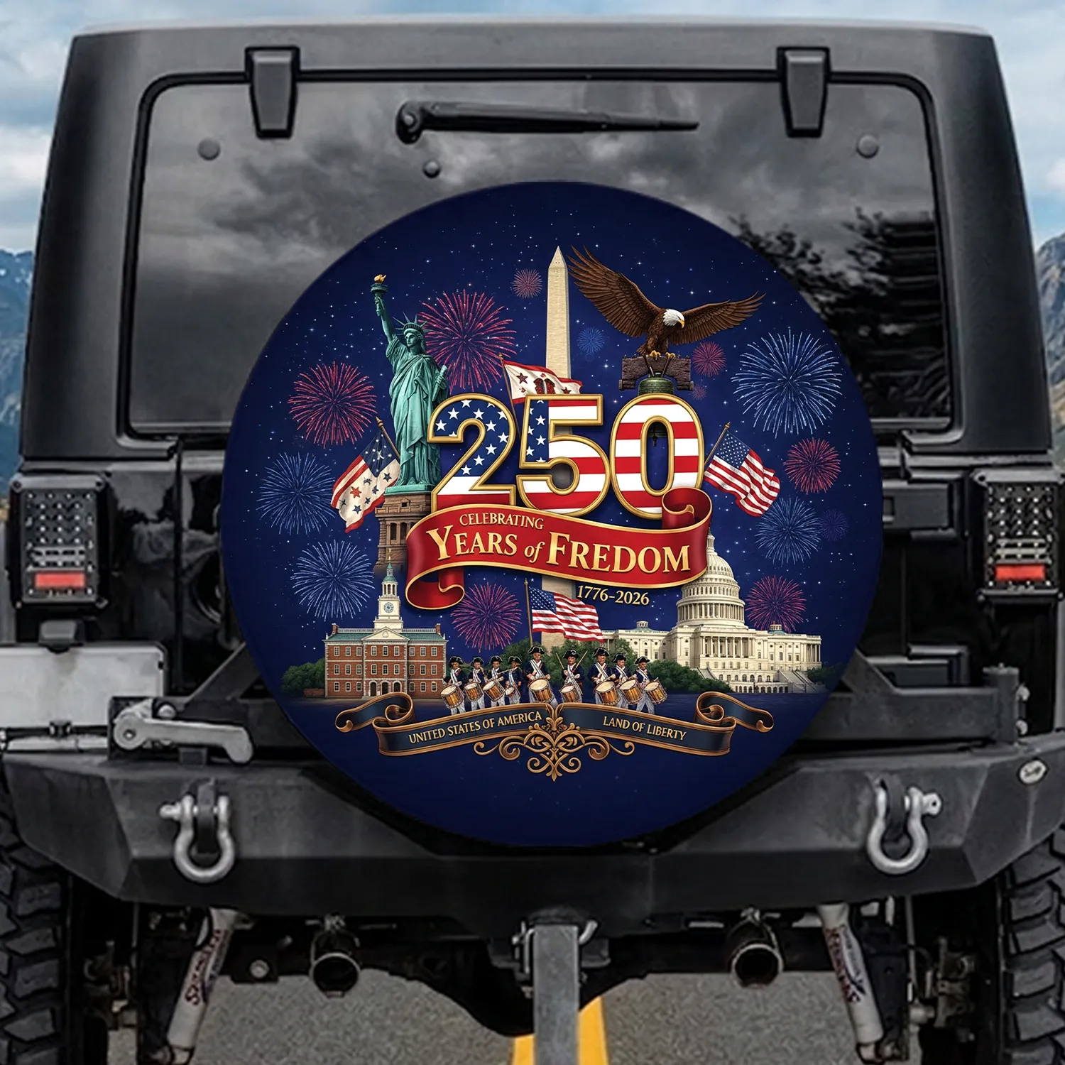 250 Years Freedom American Flag Landmarks Eagle - USA 250th Anniversary Gift for Veterans Spare Tire Cover - 1