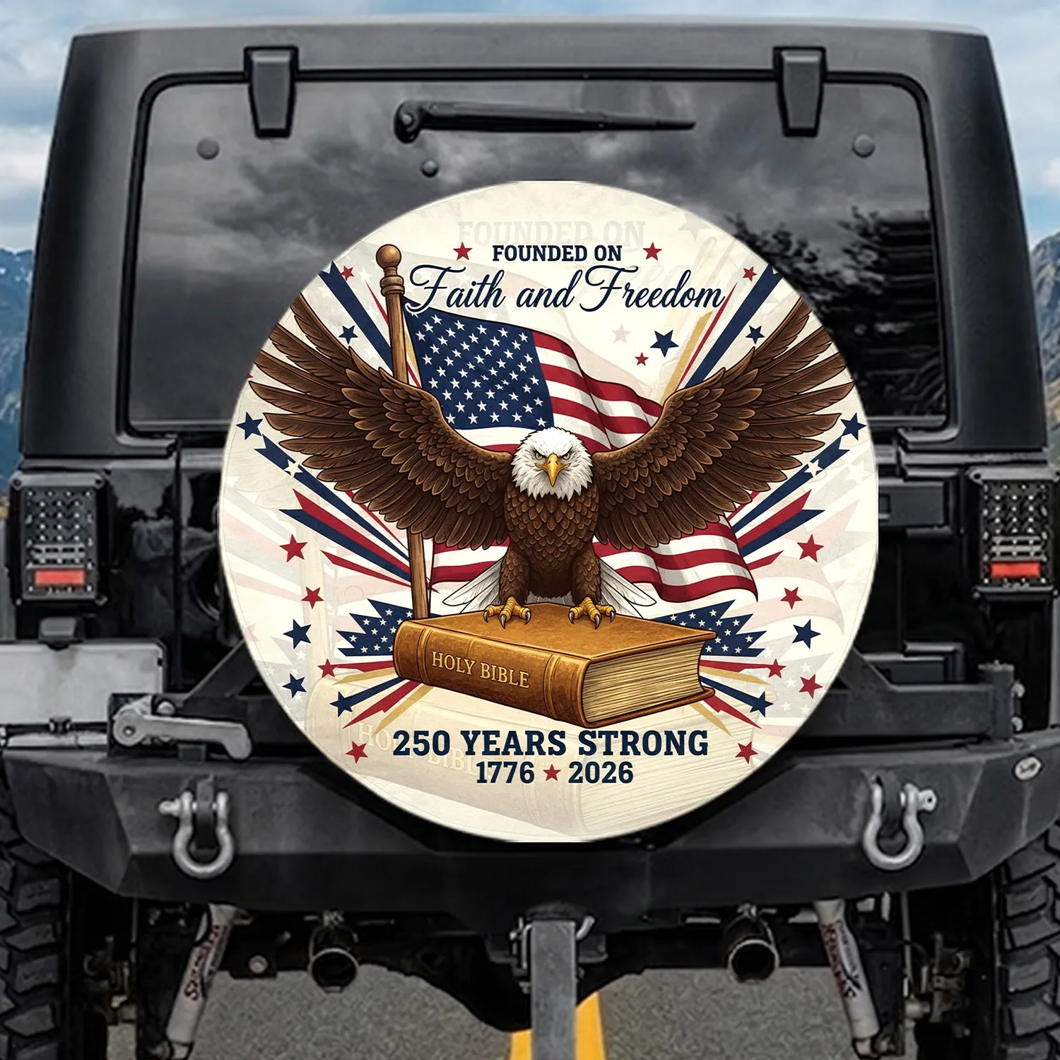 Bald Eagle American Flag Holy Bible 1776-2026 - USA 250th Anniversary for Veterans Spare Tire Cover - 1