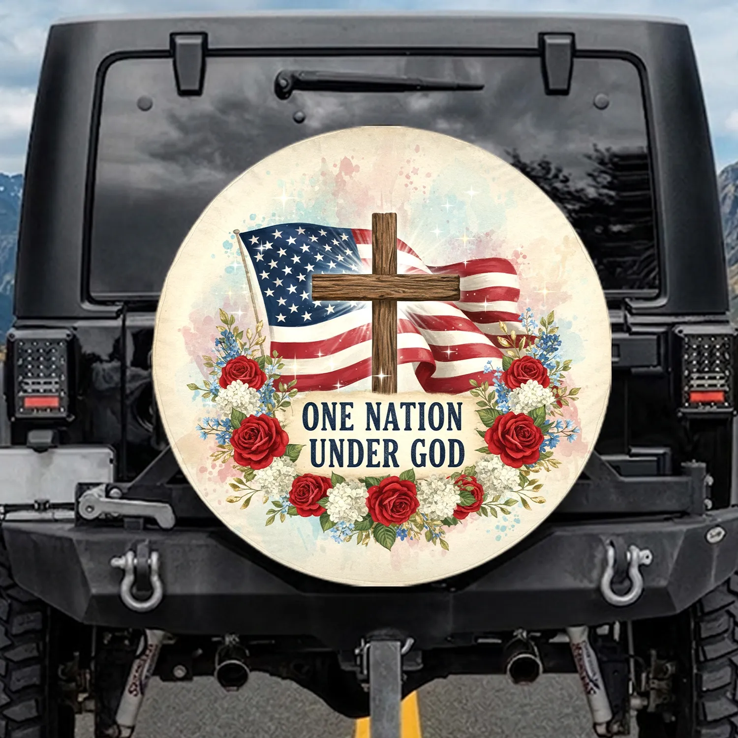 Rustic Wooden Cross American Flag One Nation Under God - Patriotic Display Gift for Proud Americans Spare Tire Cover - 1