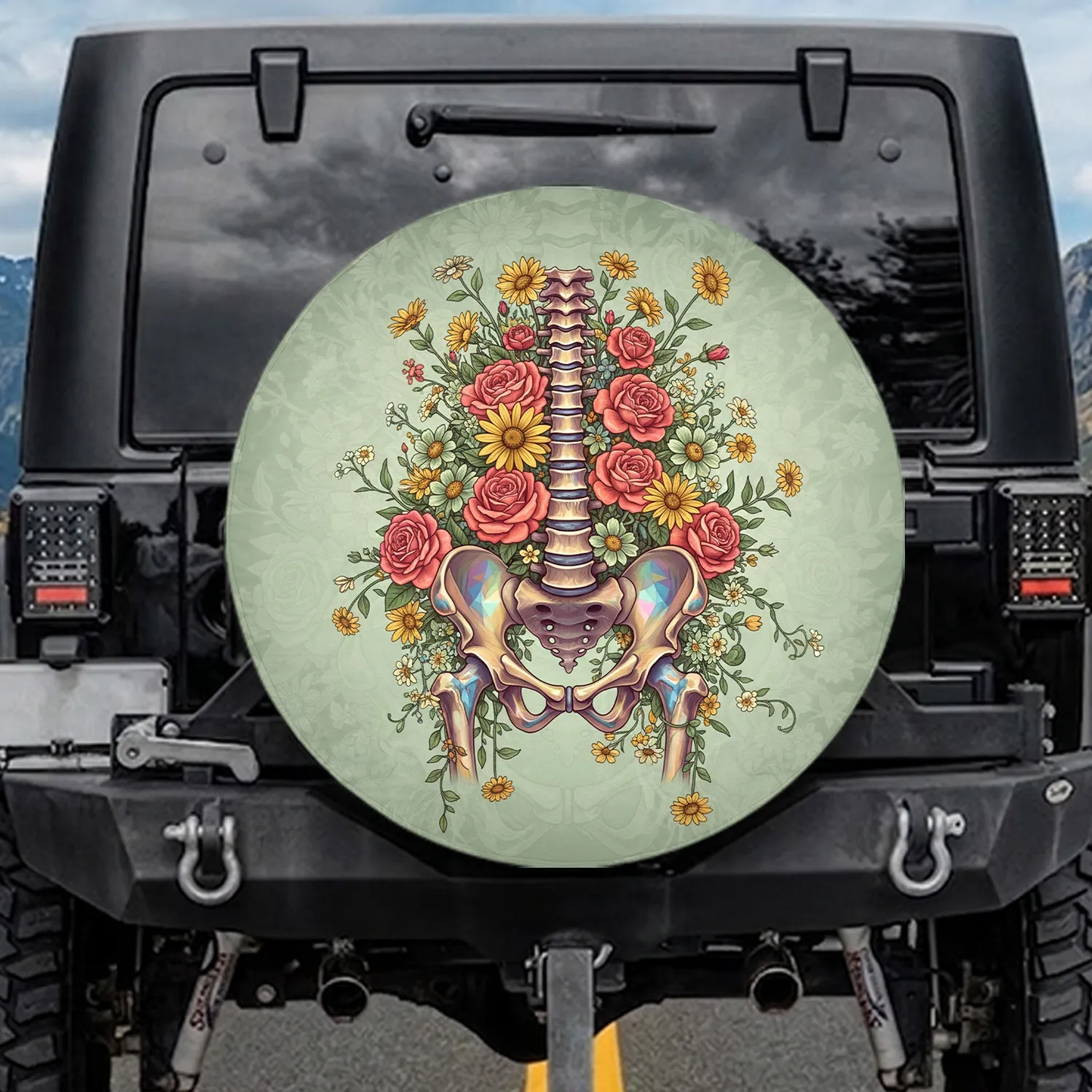 Anatomical Iridescent Crystalline Spine Pelvis Lush Botanical Flowers - Yoga Gift Spare Tire Cover - 1
