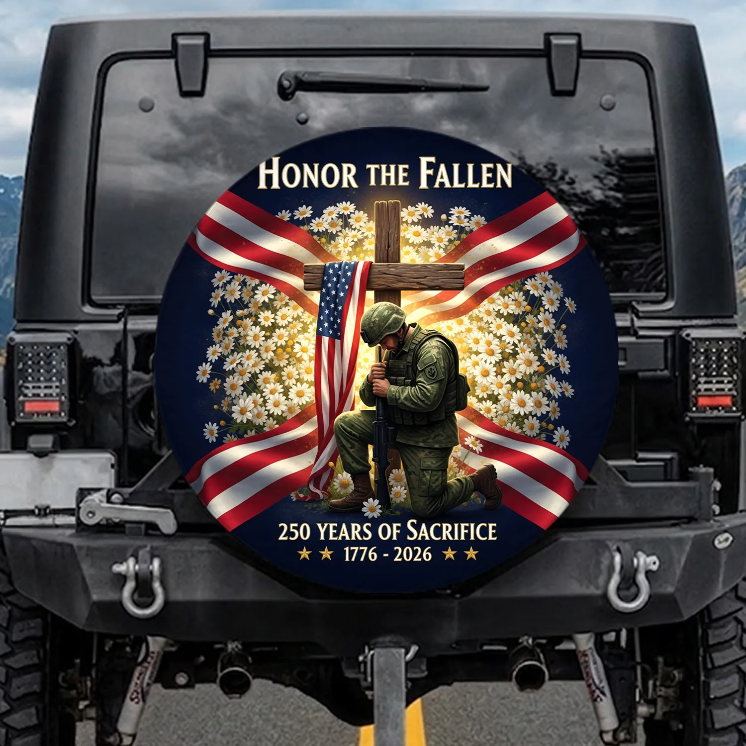 Kneeling Soldier American Flag Cross Daisies - USA 250th Anniversary Remembrance for Veterans Spare Tire Cover - 1
