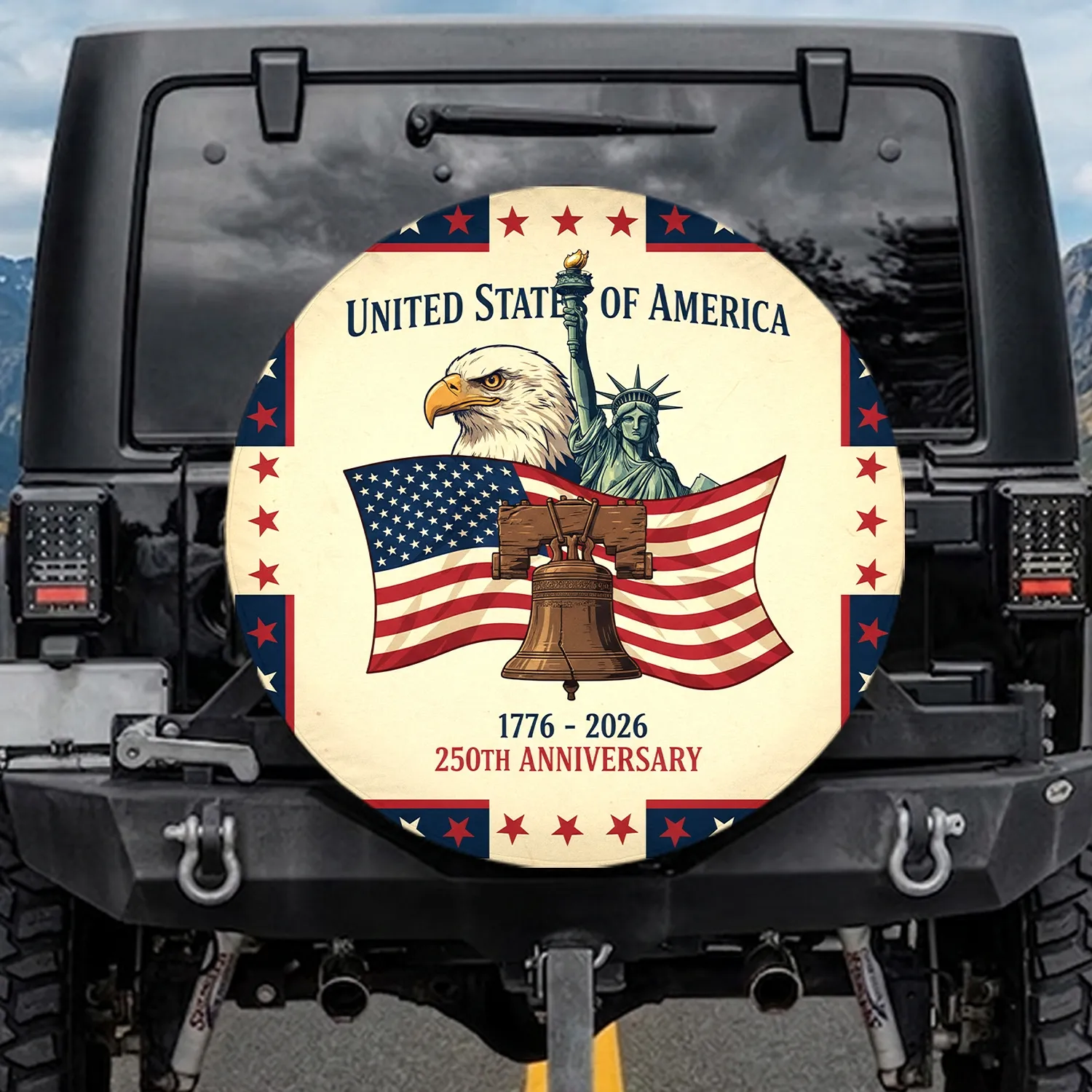 Bald Eagle Statue of Liberty American Flag United States 250th Anniversary Spare Tire Cover - 1