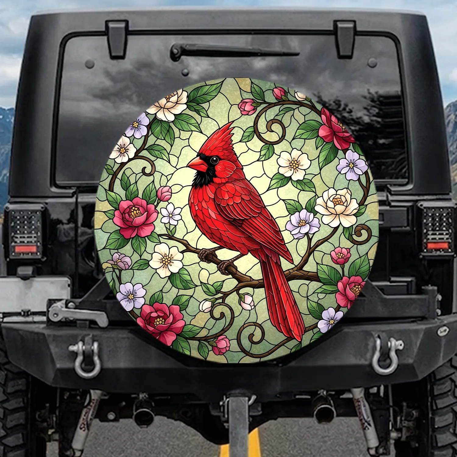 Red Cardinal Stained Glass Flowers - Wildlife Lover Gift for Bird Watcher Spare Tire Cover - 1