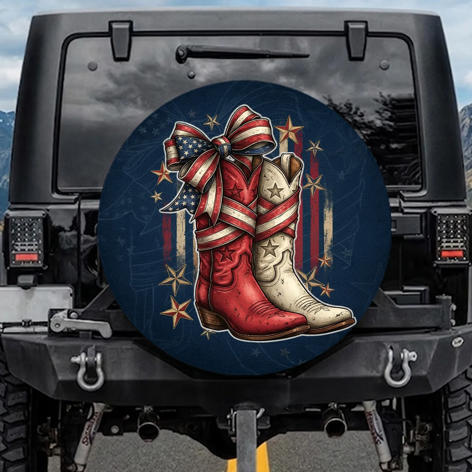 Rustic Cowboy Boots American Flag Bow - Independence Day Patriotic Home Decor Spare Tire Cover - 1