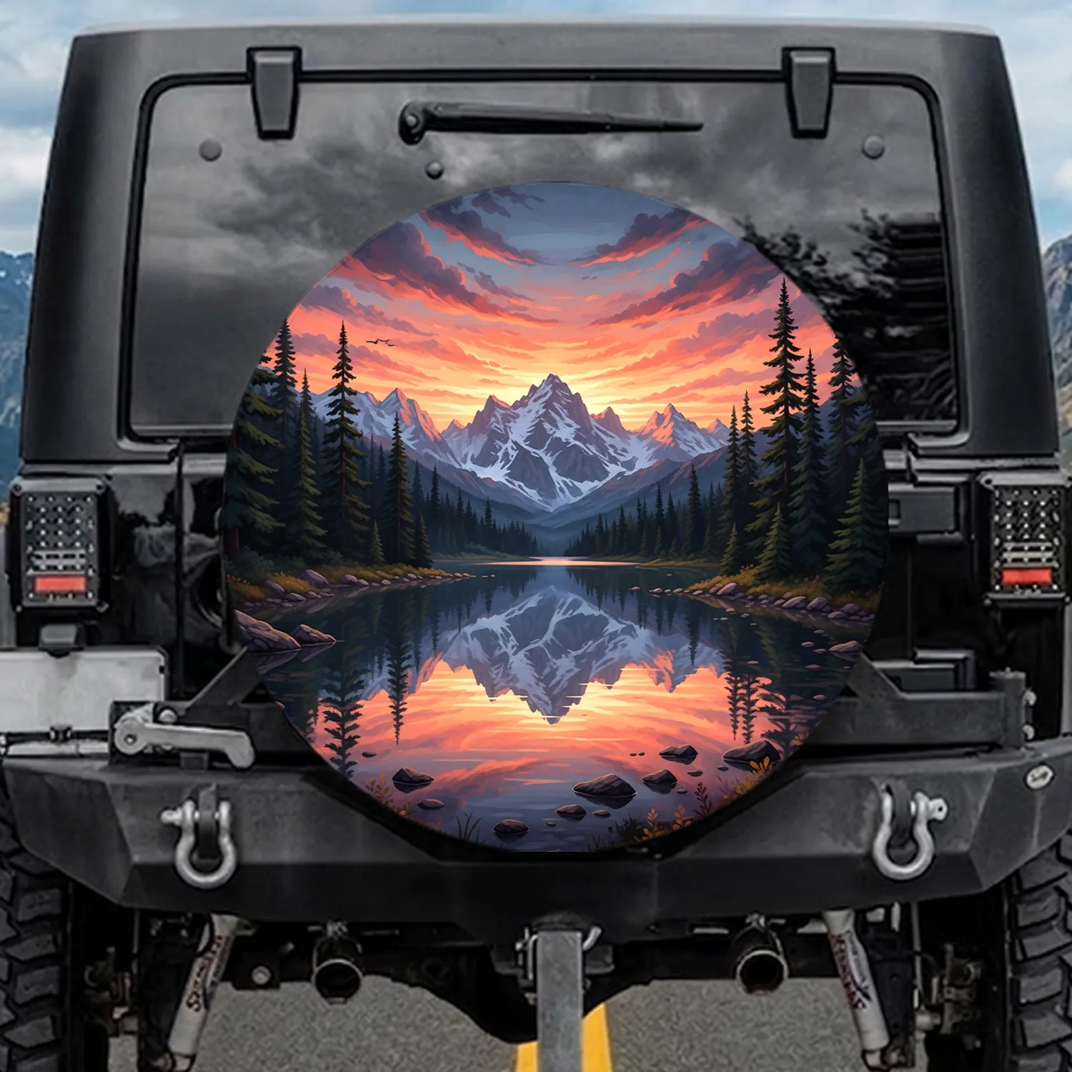 Mountain Lake Sunset Reflection Snow-Capped Peaks - Outdoor Adventure Gift Spare Tire Cover - 1