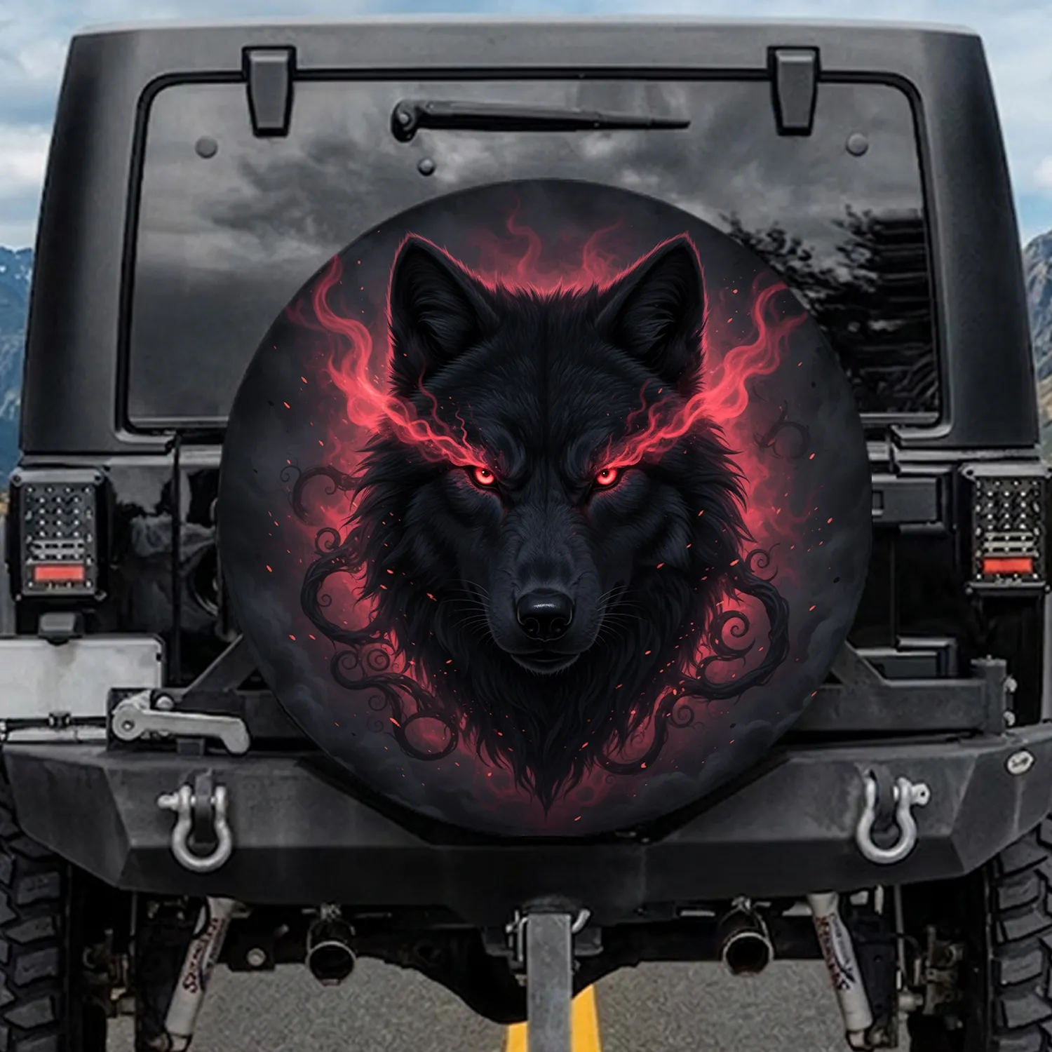 Black Wolf Piercing Gaze Red Eyes Swirling Mist Energy Plumes - Outdoor Adventure Gift Spare Tire Cover - 1