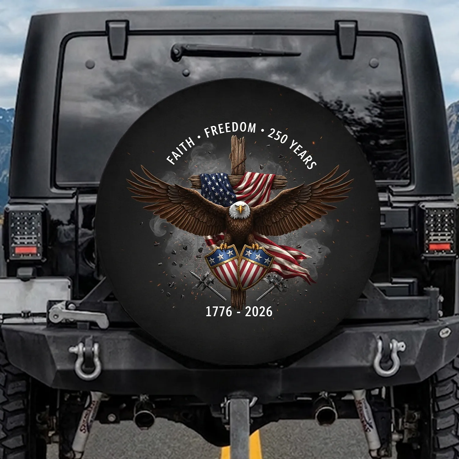 Bald Eagle American Flag Cross Freedom - USA 250th Anniversary Gift for Veterans Spare Tire Cover - 1