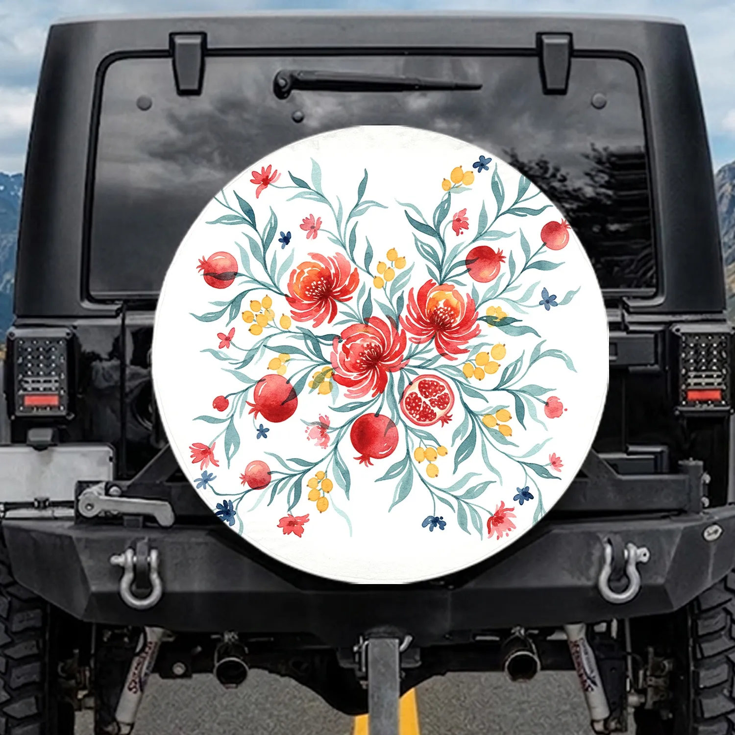 Lush Red Orange Pomegranates Teal Flowers Vines Yellow Berries - Botanical Lover Gift Spare Tire Cover - 1