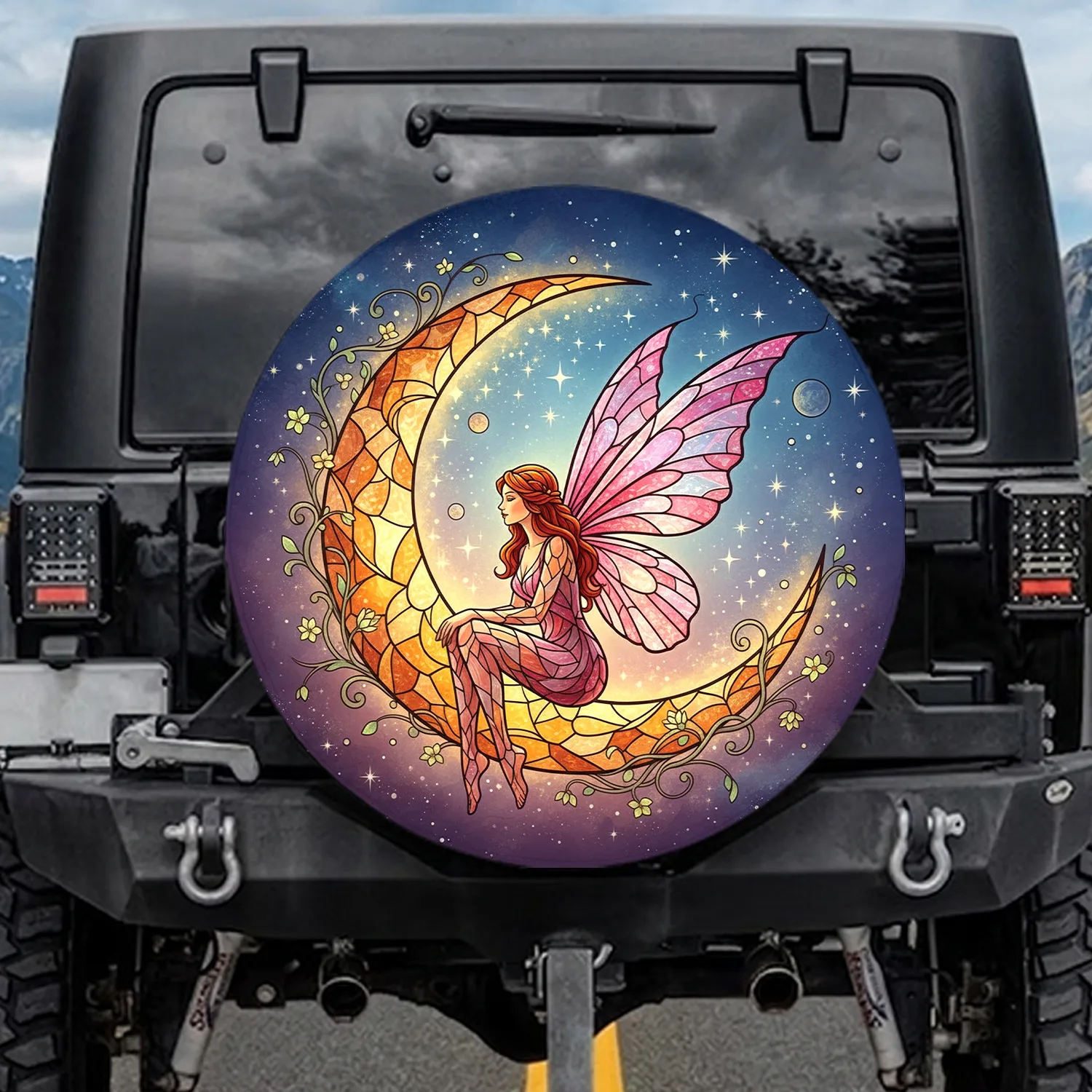 Red-Haired Stained Glass Fairy Crescent Moon - Celestial Car Accessory Gift Spare Tire Cover - 1