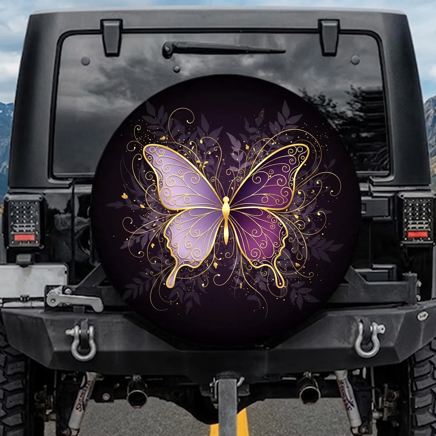 Butterfly Gold Wing Amethyst Lavender Black Botanical Silhouettes Home Decor Gift Spare Tire Cover - 1