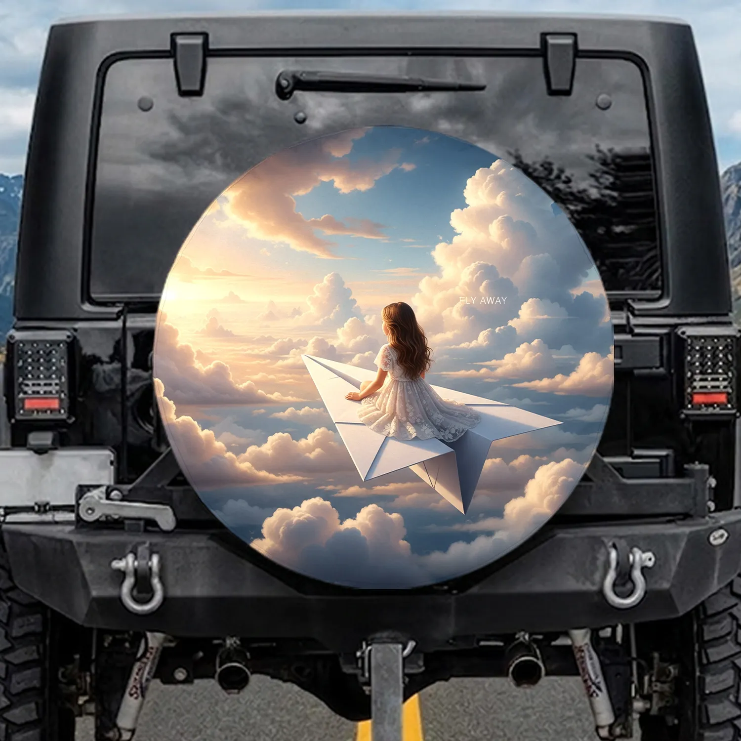 Girl on Paper Airplane Floating Cloudscape - Travel Adventure Gift Spare Tire Cover - 1