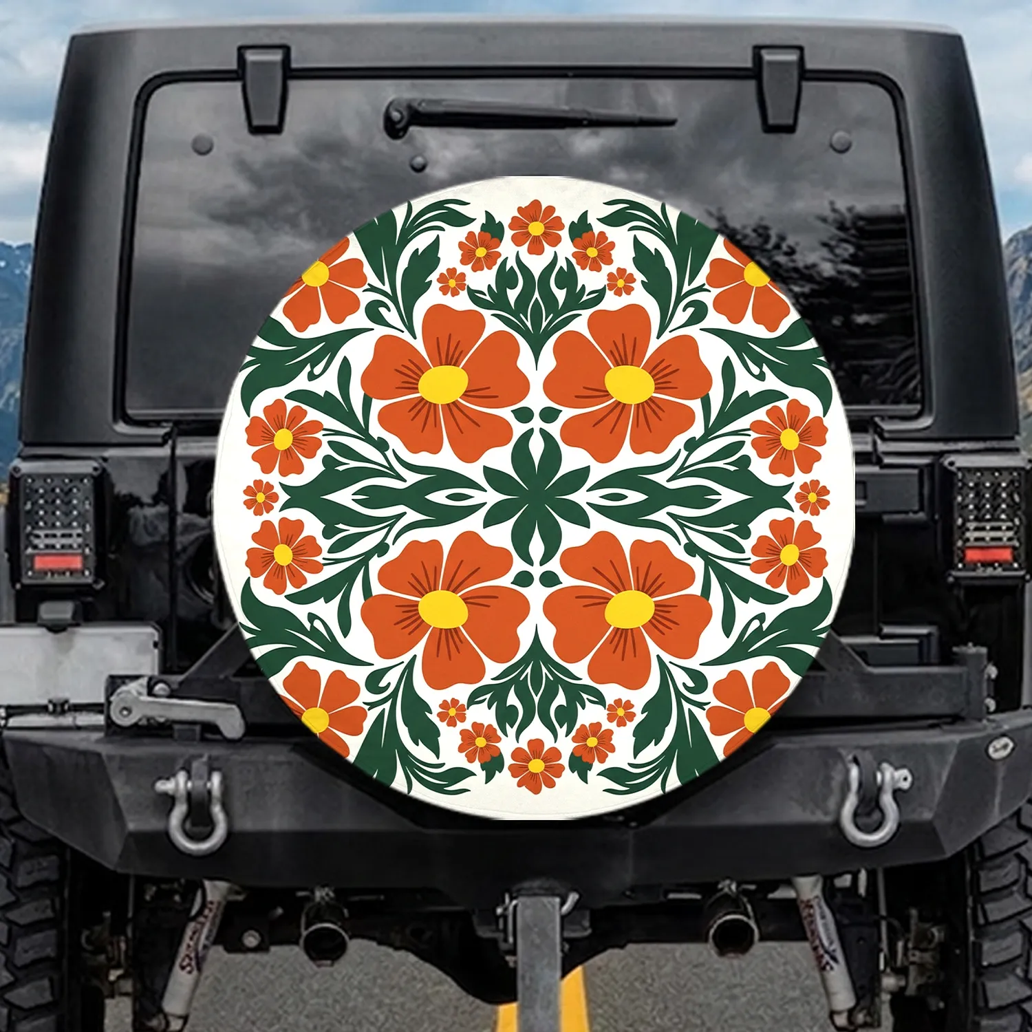 Burnt Orange Stylized Flowers Dark Green Leaves - Outdoor Vehicle Accessory Road Trip Spare Tire Cover - 1