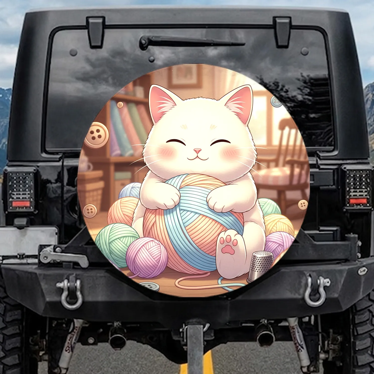 Blissful Fluffy Cream Cat Hugging Yarn Ball - Cozy Craft Room Decor Gift for Crafters Spare Tire Cover - 1