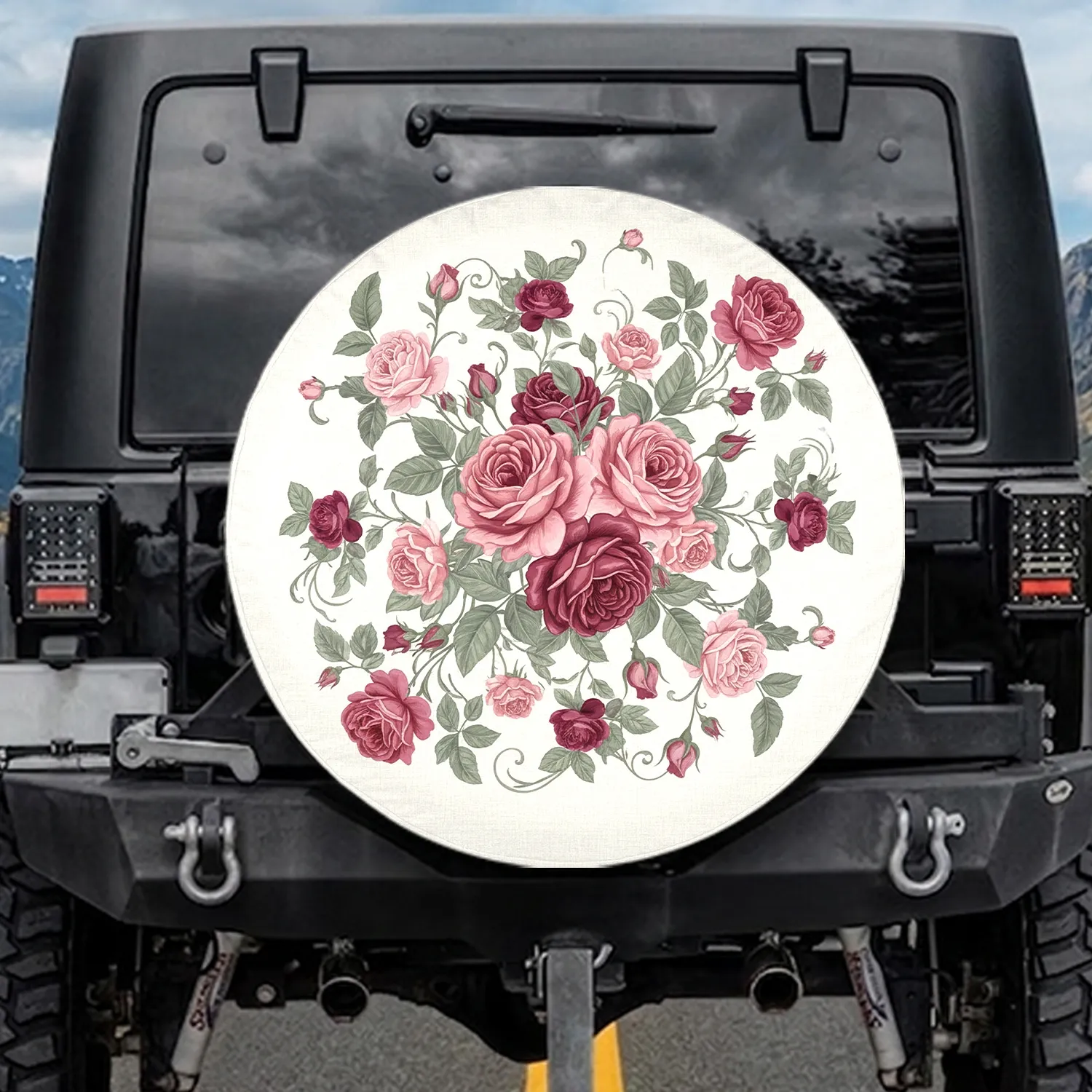 Lush Pink Burgundy Rose Bouquet Foliage Vines Creamy Off-White Botanical Gift Spare Tire Cover - 1
