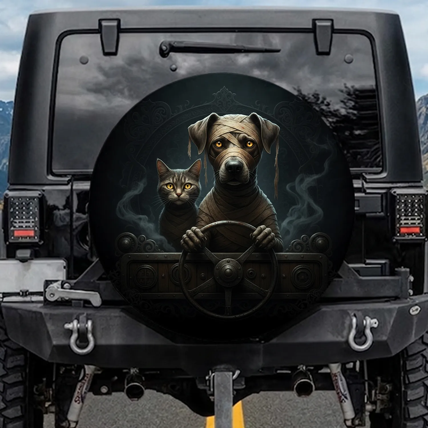 Mummified Cat Dog Glowing Eyes Rustic Steering Wheel - Ancient Gothic Horror Collector Gift Spare Tire Cover - 1