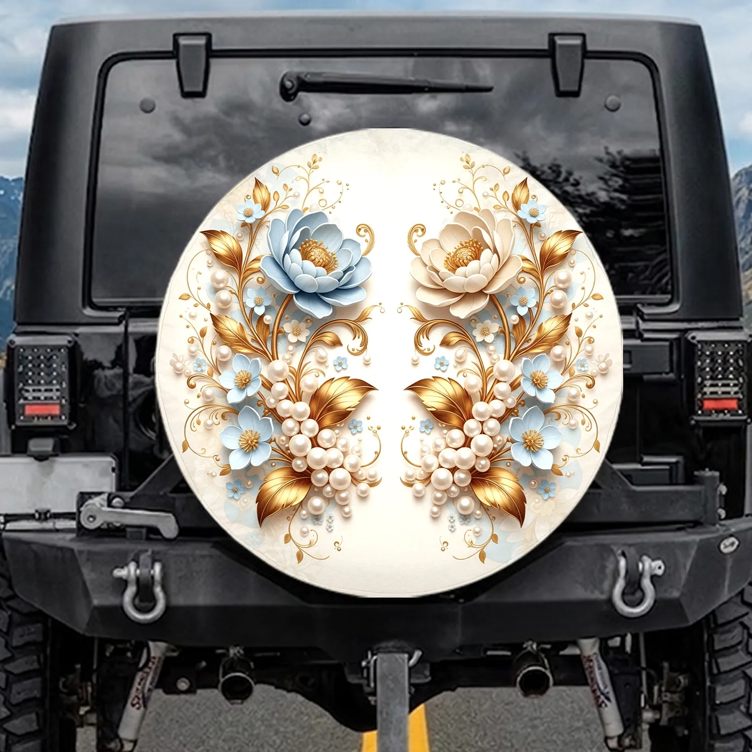 Light Blue Cream Flowers Golden Metallic Leaves Luminous Pearls Foliage - Home Decor Gift Spare Tire Cover - 1