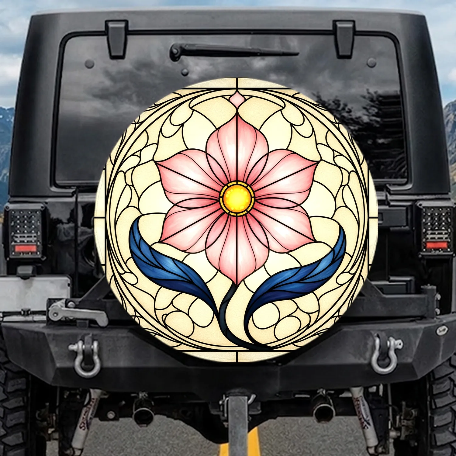 Six Petal Pink Flower Yellow Center Blue Leaves Botanical - Home Decor Gift Spare Tire Cover - 1