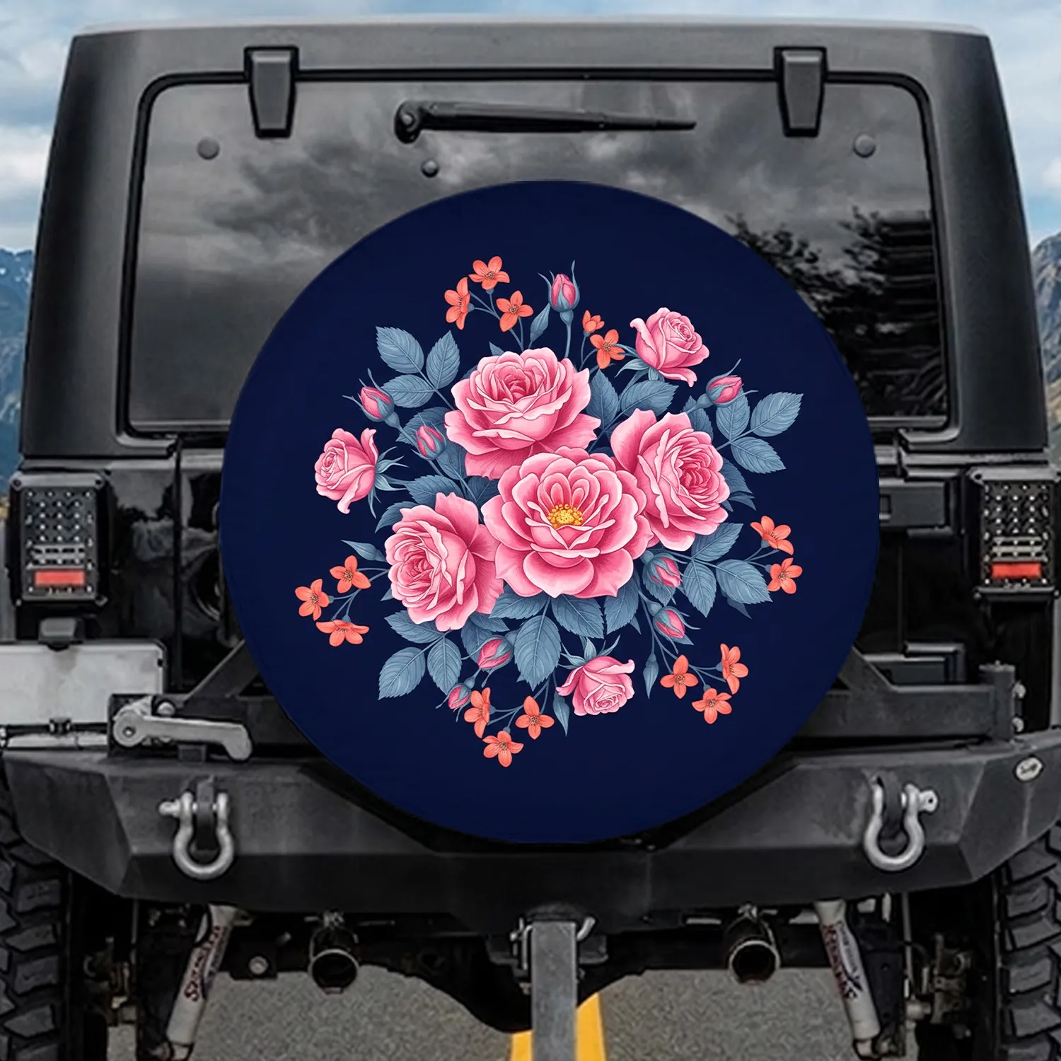 Midnight Blue Pink Rose Floral - Home Decor Gift for Rose Lovers Spare Tire Cover - 1