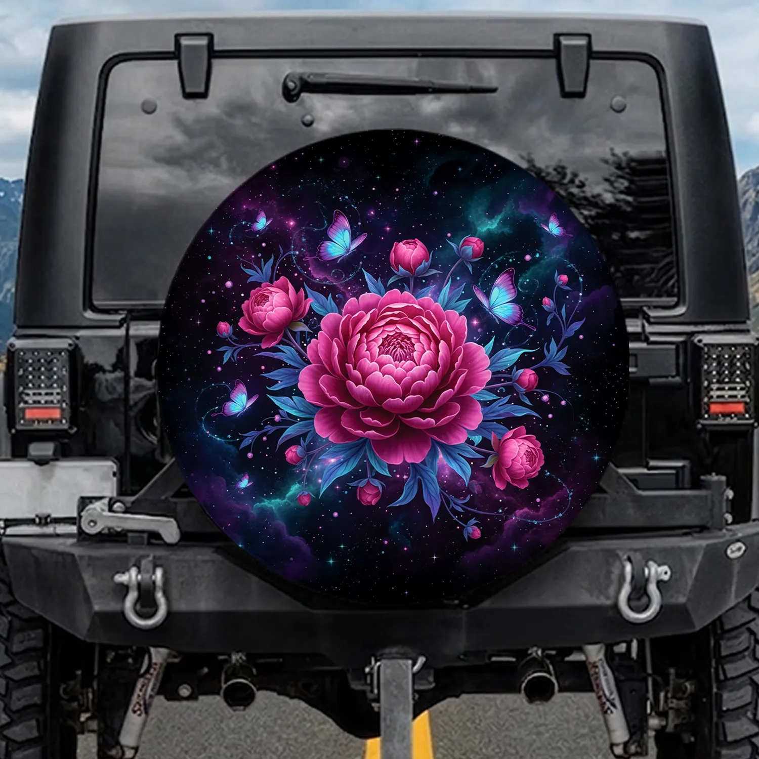 Pink Peony Blue Butterfly Cosmic Stars - Home Decor Gift Spare Tire Cover - 1