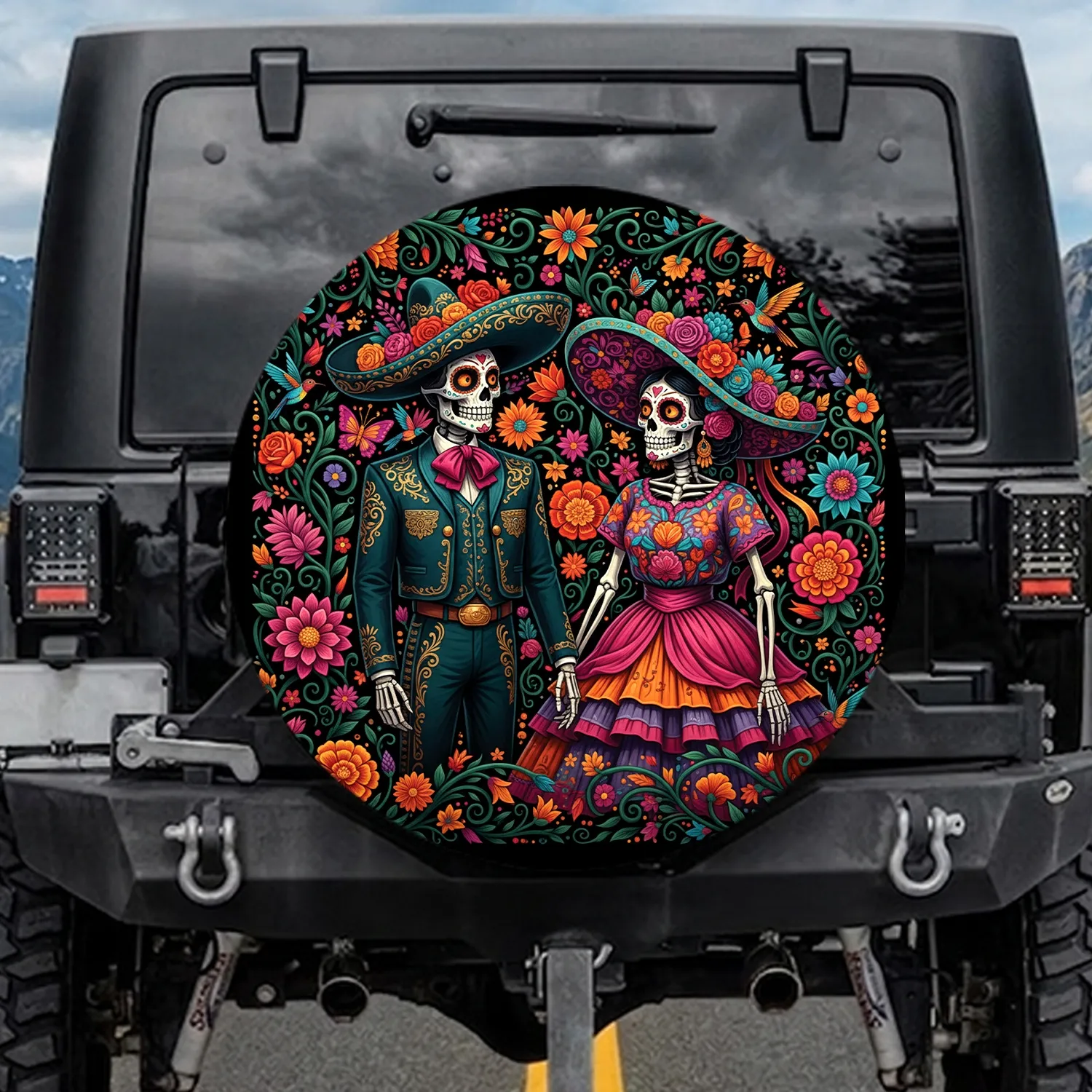 Calavera Sugar Skull Couple Floral Dia de los Muertos Gift for Folk Art Lovers Spare Tire Cover - 1