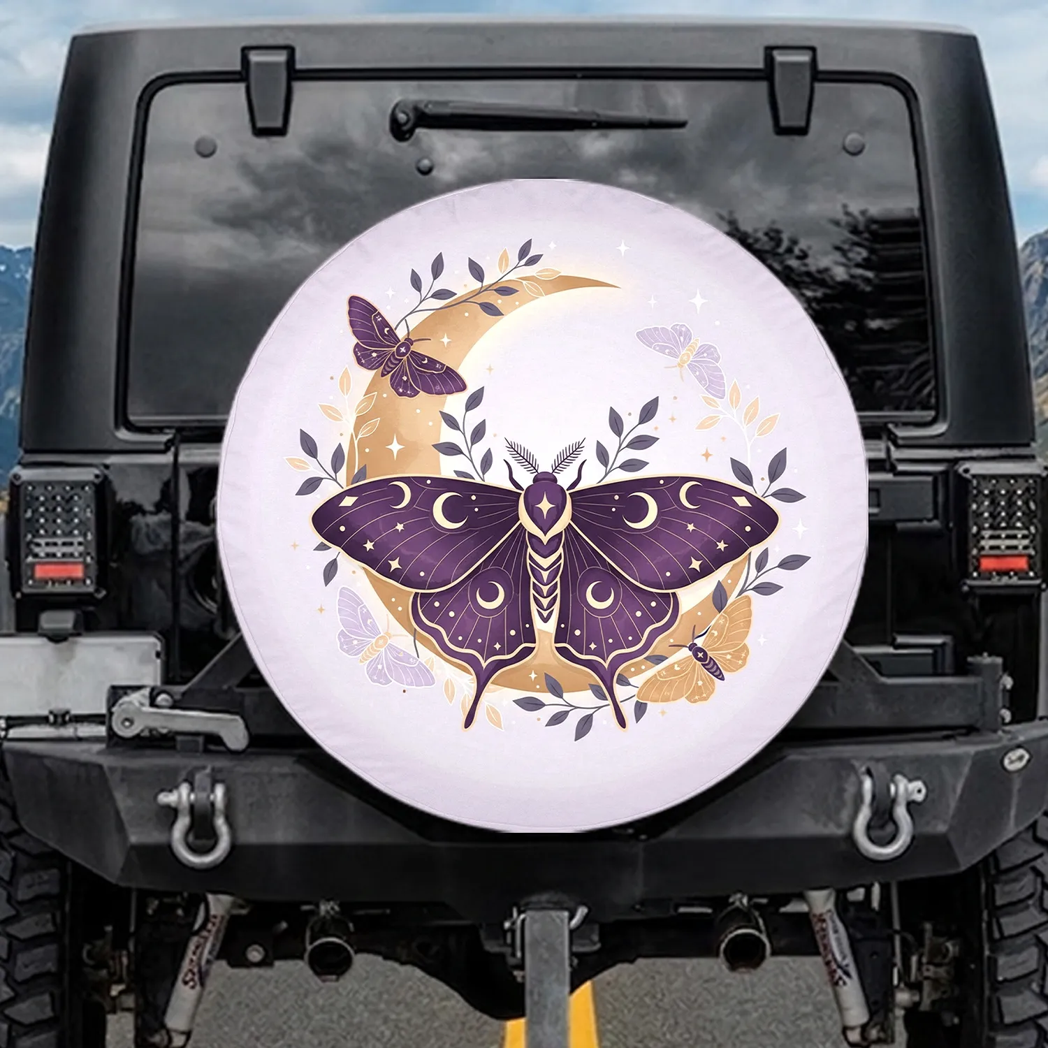Majestic Moth Crescent Moon Stars Rich Purple Botanical Foliage - Nature Lover Home Decor Gift Spare Tire Cover - 1